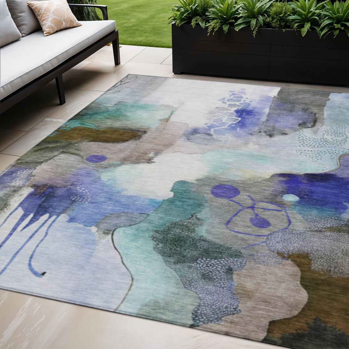 5' X 8' Brown Purple And Ivory Abstract Washable Indoor Outdoor Area Rug