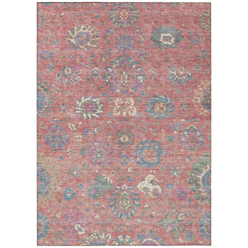 9' X 12' Coral Plum And Blue Floral Washable Indoor Outdoor Area Rug
