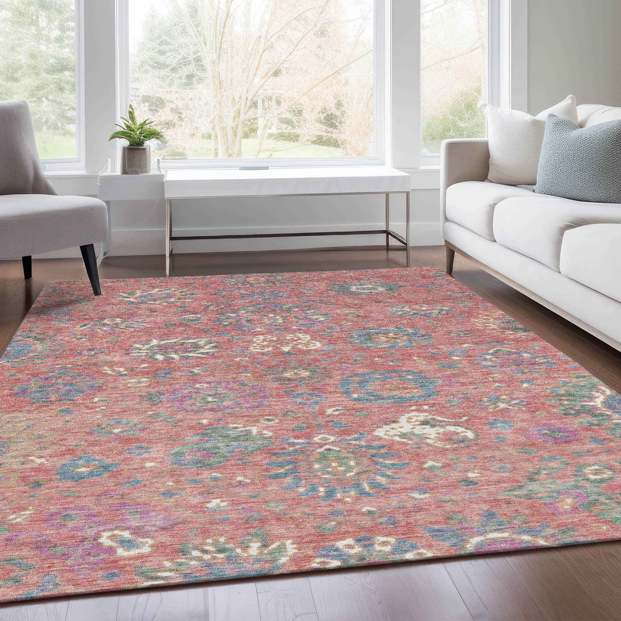 9' X 12' Coral Plum And Blue Floral Washable Indoor Outdoor Area Rug