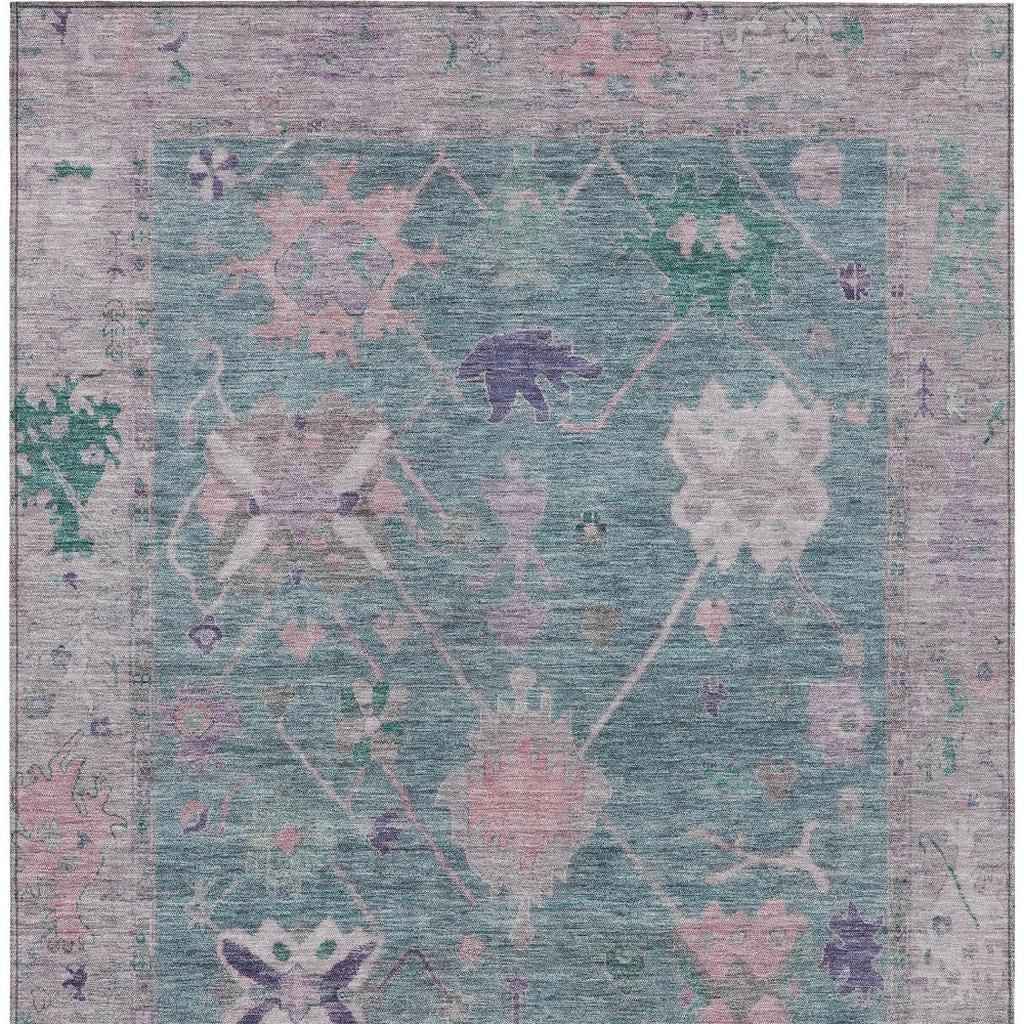 9' X 12' Green And Purple Tribal Washable Indoor Outdoor Area Rug