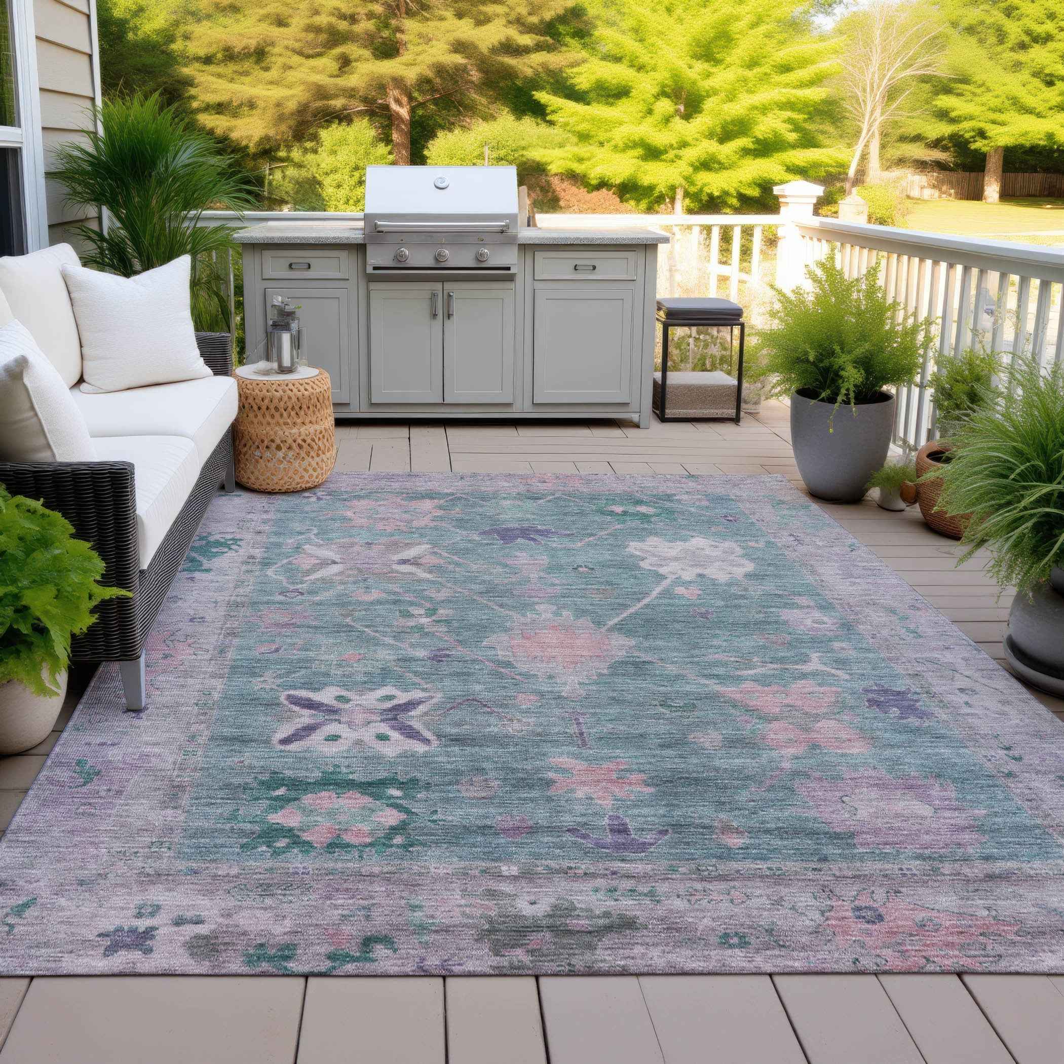 9' X 12' Green And Purple Tribal Washable Indoor Outdoor Area Rug