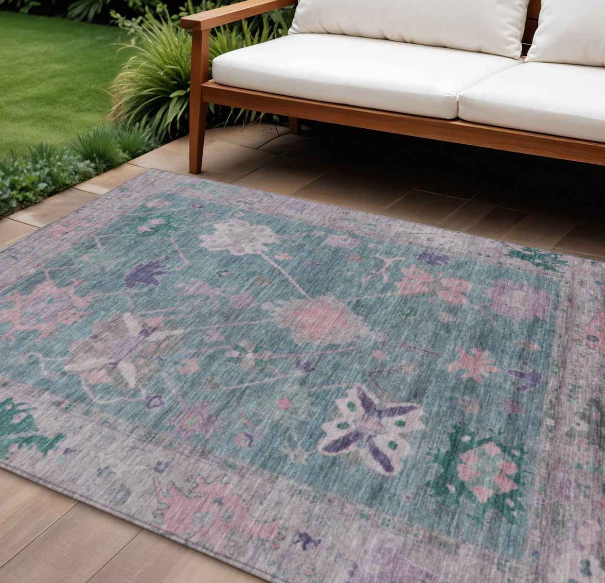 9' X 12' Green And Purple Tribal Washable Indoor Outdoor Area Rug