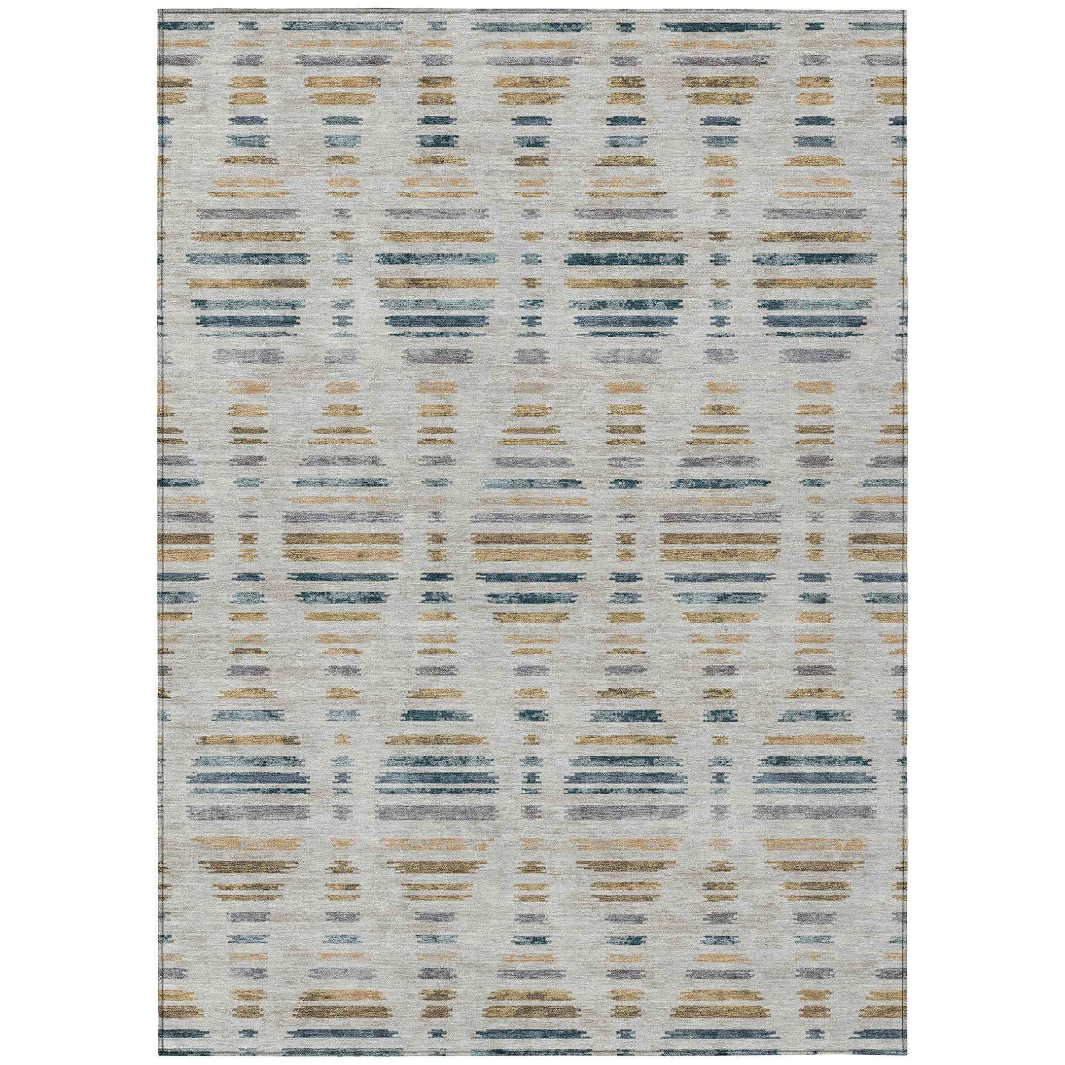 3' X 5' Linen And Navy Blue Striped Washable Indoor Outdoor Area Rug