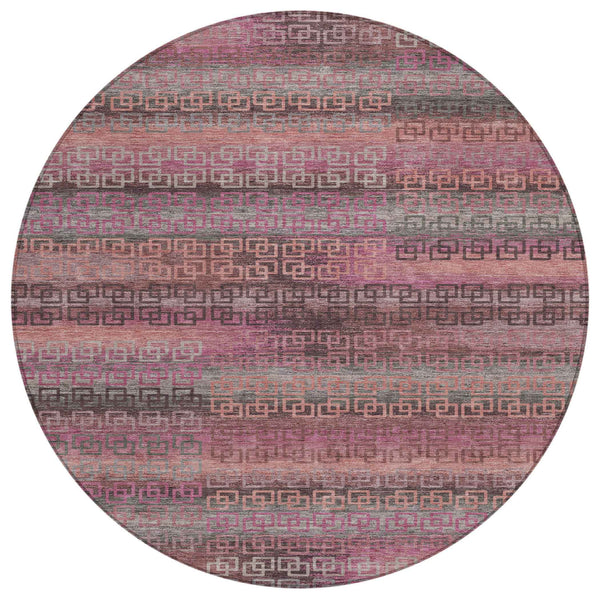 8' Pink And Gray Round Striped Washable Indoor Outdoor Area Rug Default Title