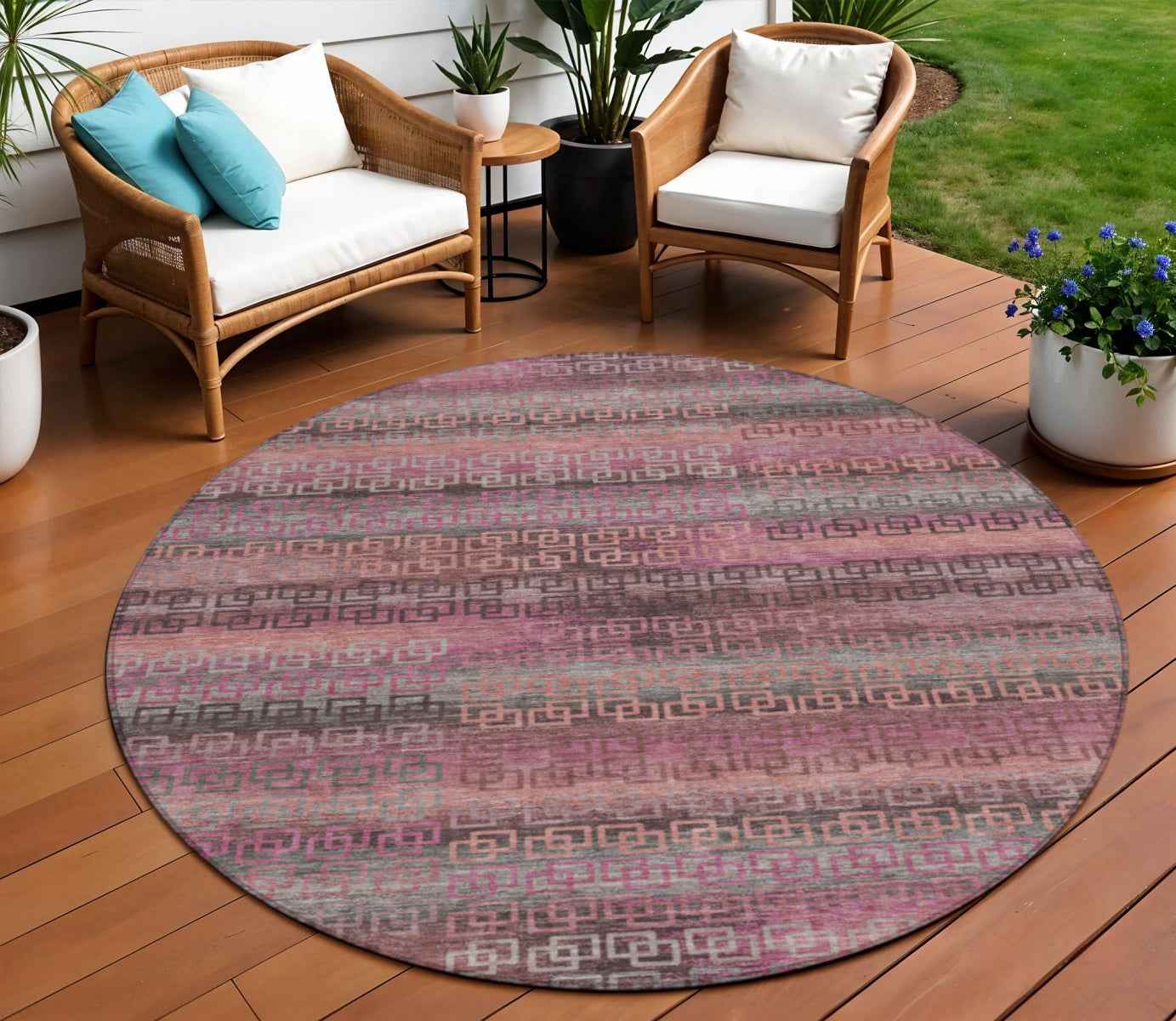 8' Pink And Gray Round Striped Washable Indoor Outdoor Area Rug