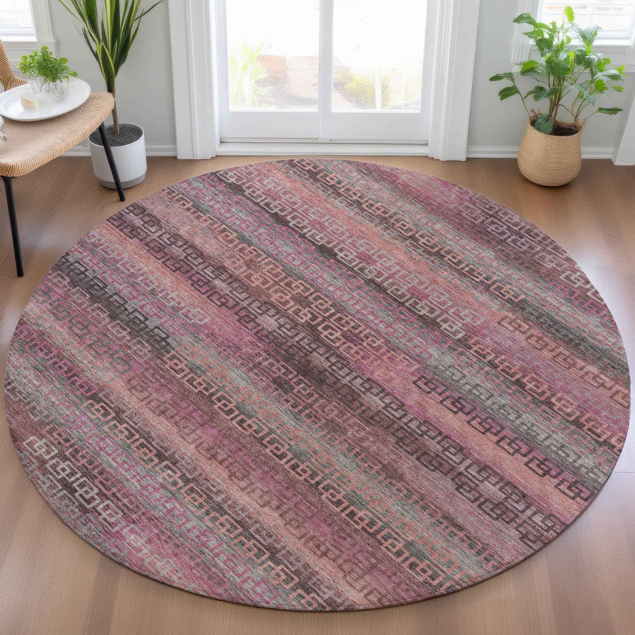 8' Pink And Gray Round Striped Washable Indoor Outdoor Area Rug