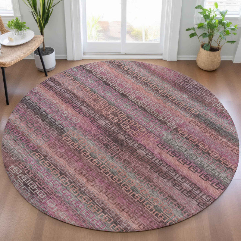 8' Pink And Gray Round Striped Washable Indoor Outdoor Area Rug