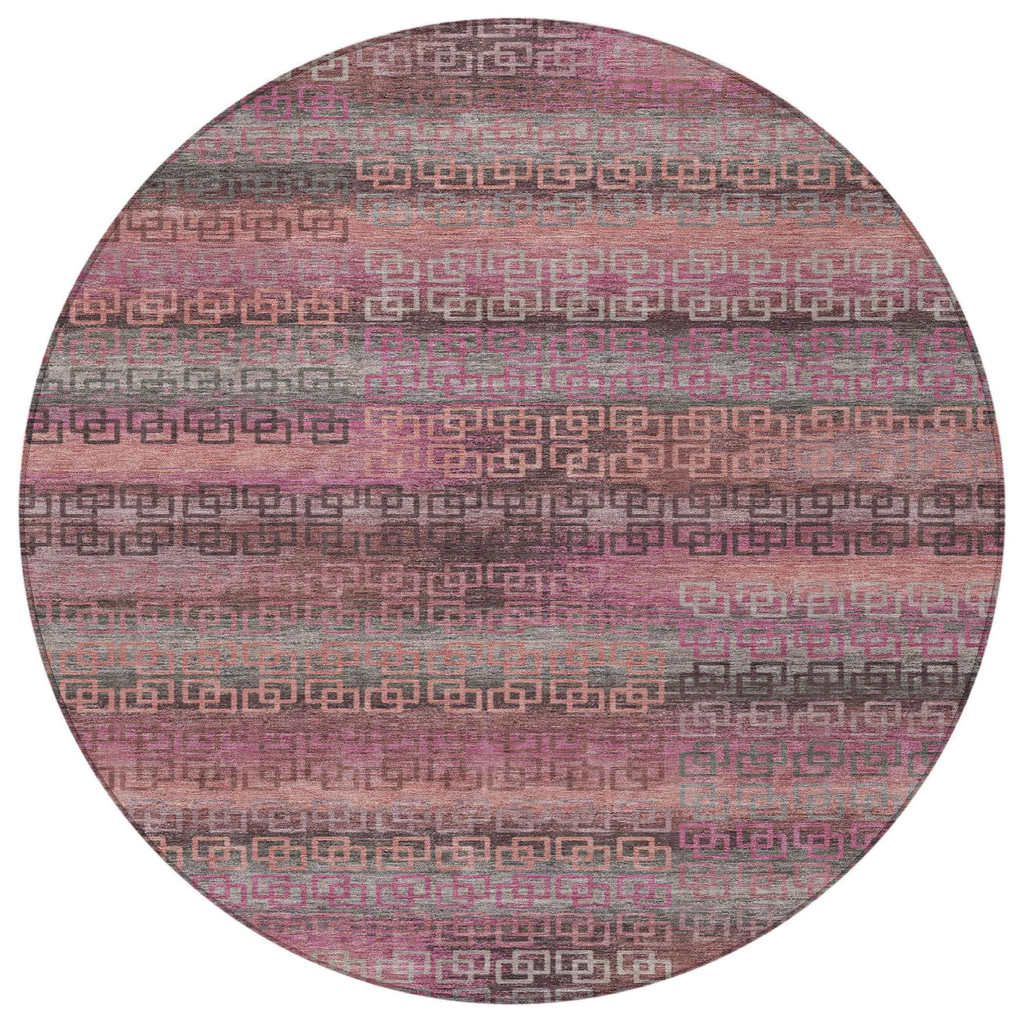 8' Pink And Gray Round Striped Washable Indoor Outdoor Area Rug