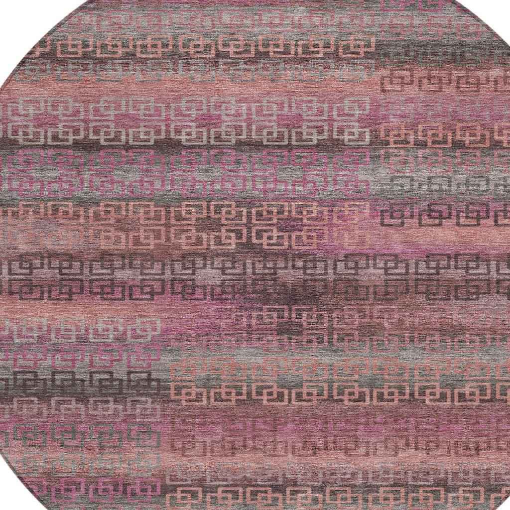 8' Pink And Gray Round Striped Washable Indoor Outdoor Area Rug