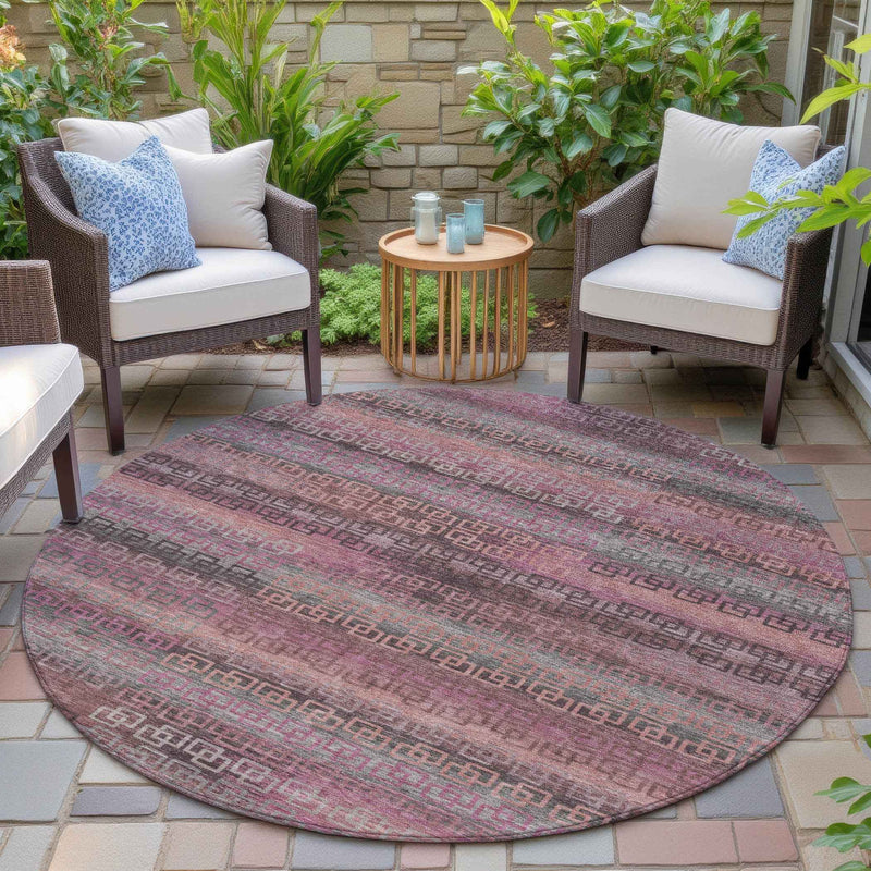 8' Pink And Gray Round Striped Washable Indoor Outdoor Area Rug