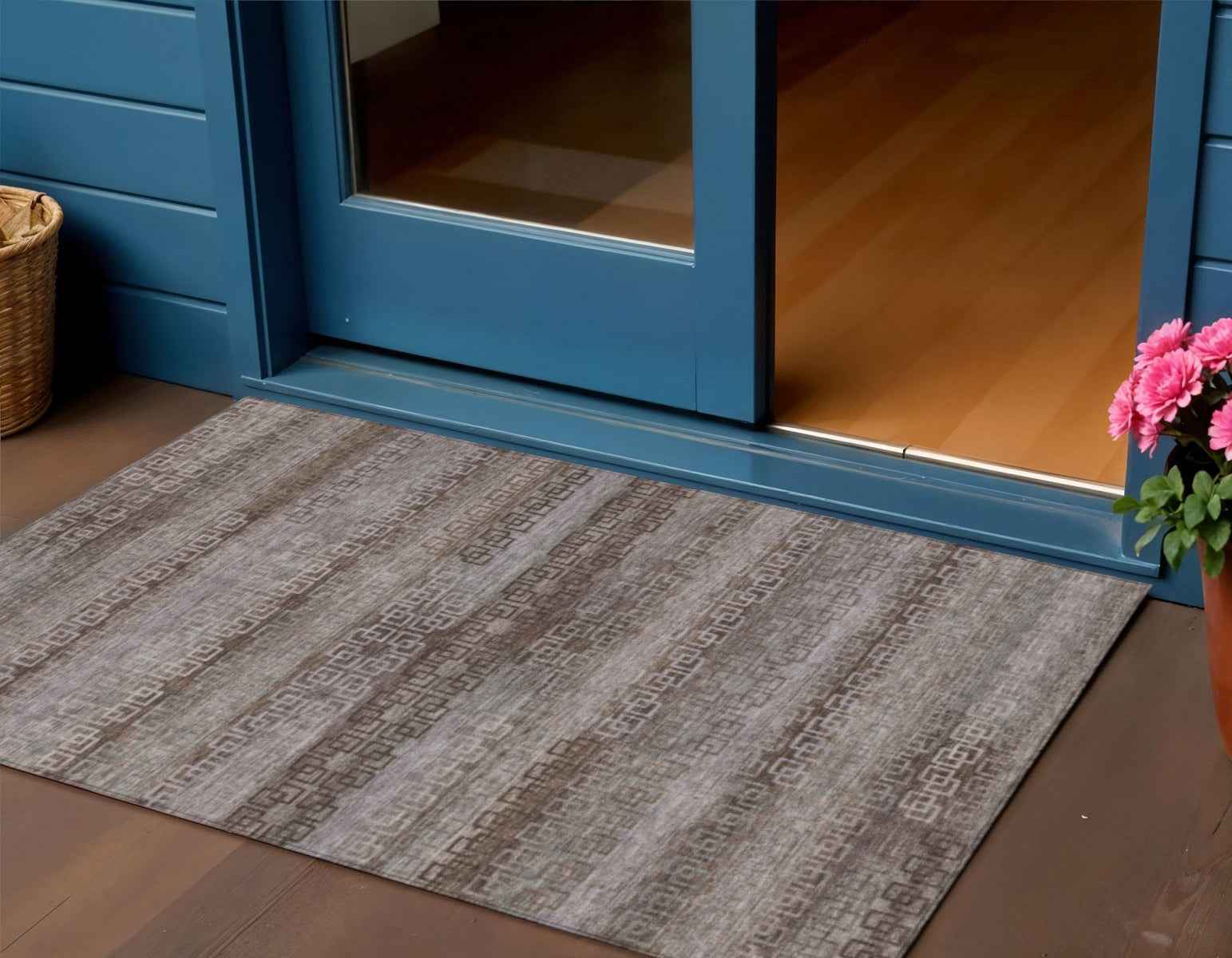 3' X 5' Chocolate And Gray Striped Washable Indoor Outdoor Area Rug
