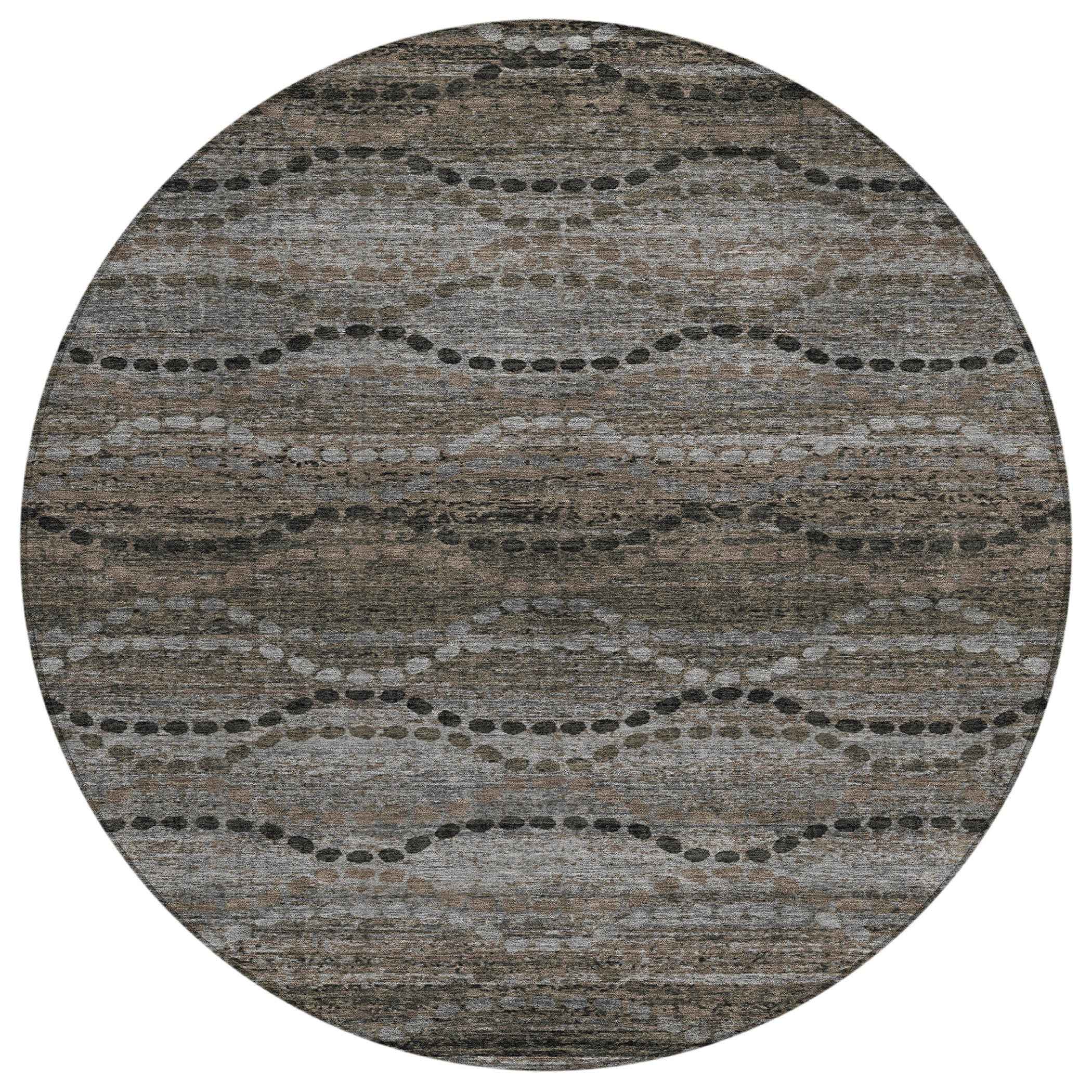 8' Chocolate And Gray Round Ogee Washable Indoor Outdoor Area Rug