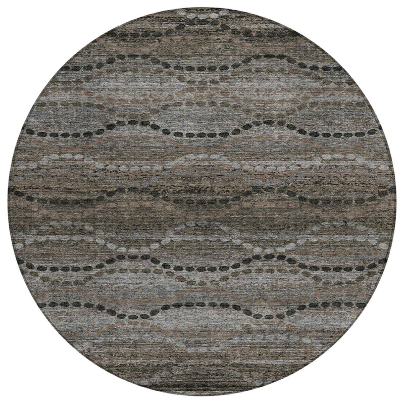 8' Chocolate And Gray Round Ogee Washable Indoor Outdoor Area Rug