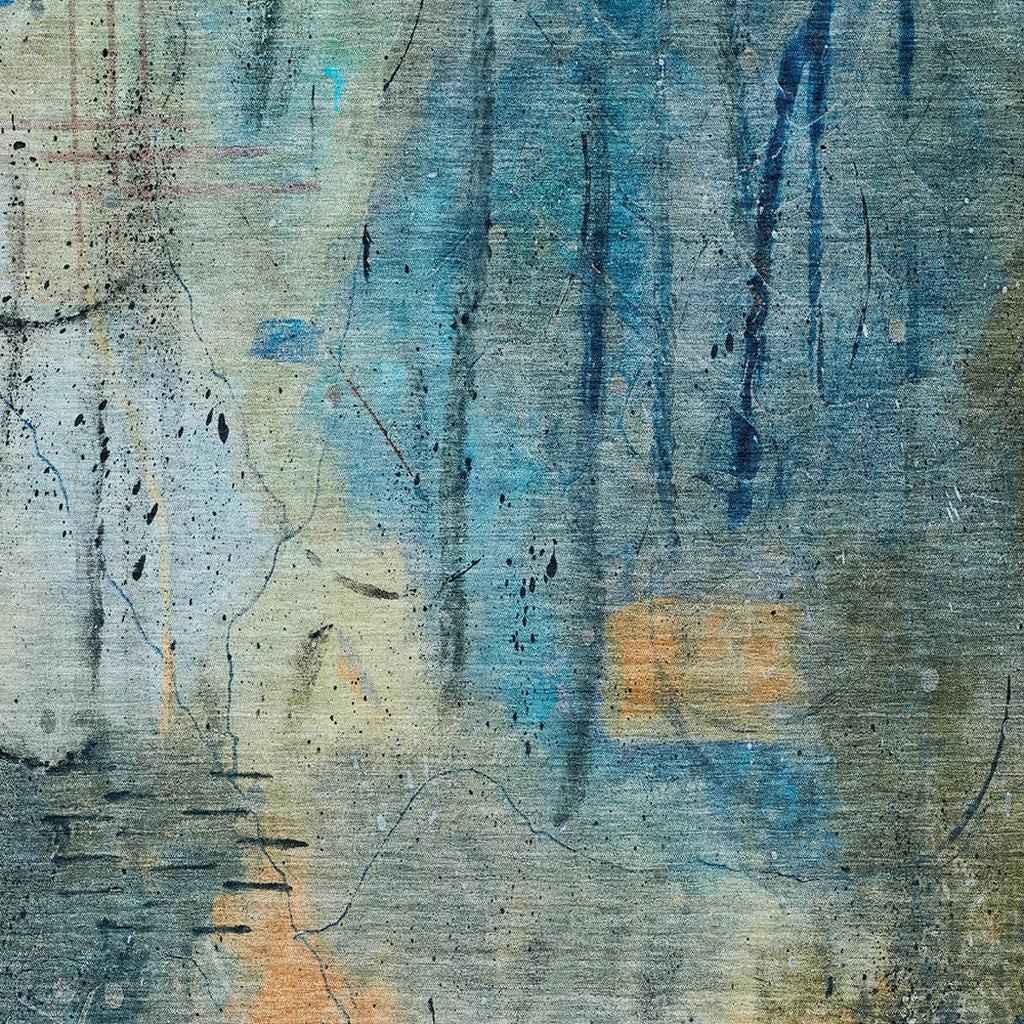 10' X 14' Teal Blue And Gold Abstract Washable Indoor Outdoor Area Rug