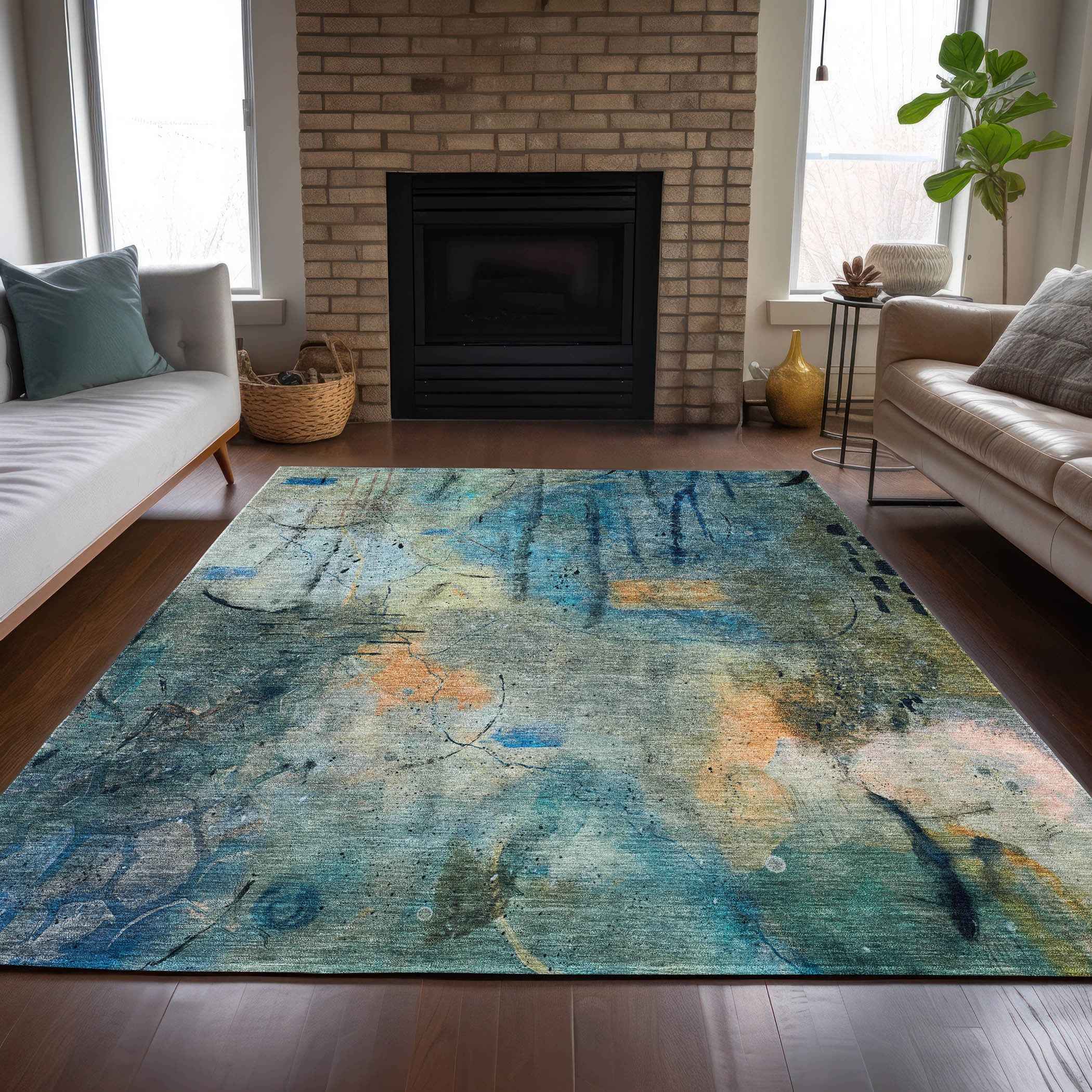 10' X 14' Teal Blue And Gold Abstract Washable Indoor Outdoor Area Rug