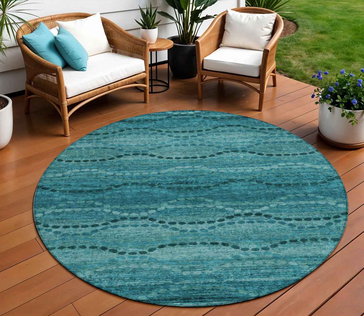 8' Turquoise And Aqua Round Ogee Washable Indoor Outdoor Area Rug