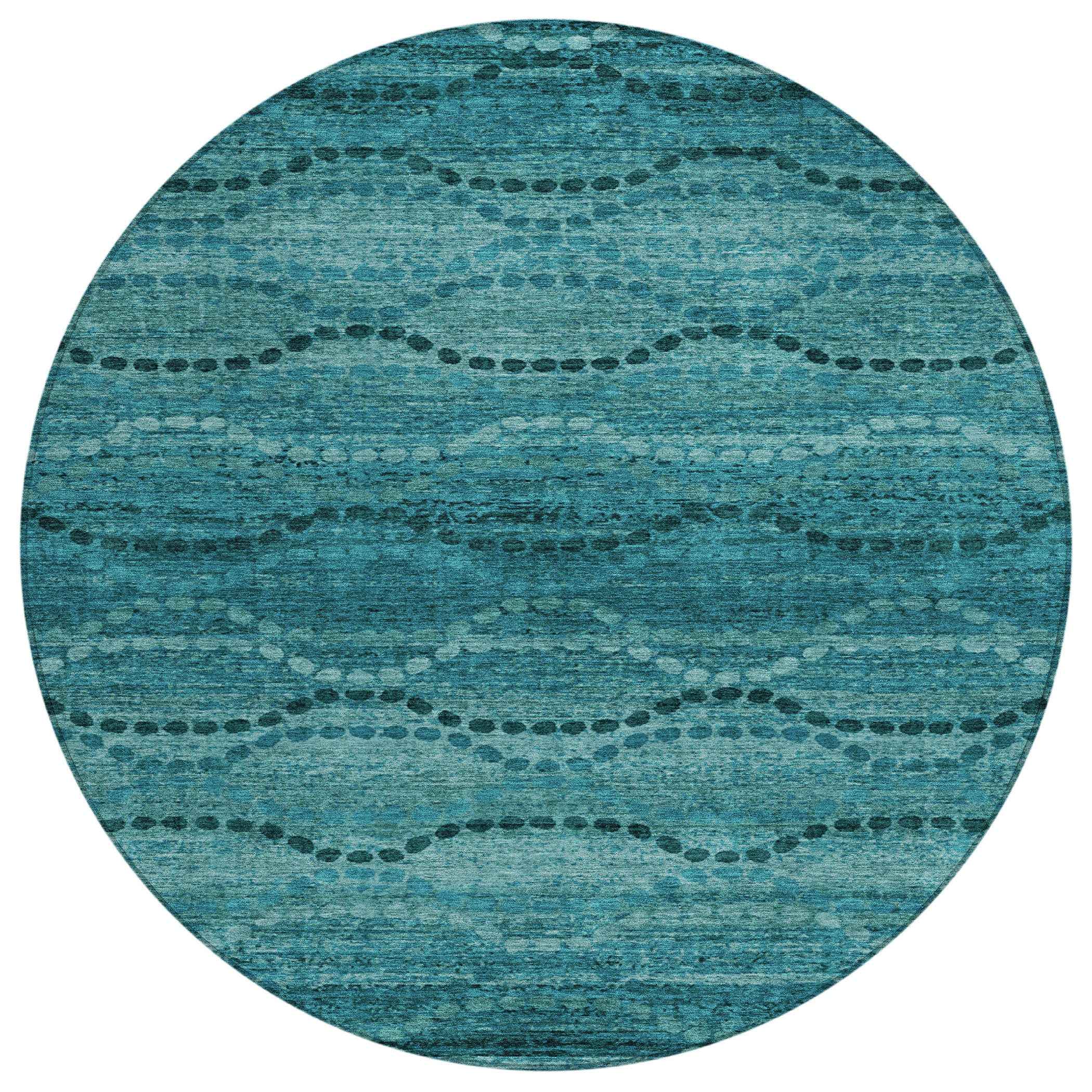8' Turquoise And Aqua Round Ogee Washable Indoor Outdoor Area Rug