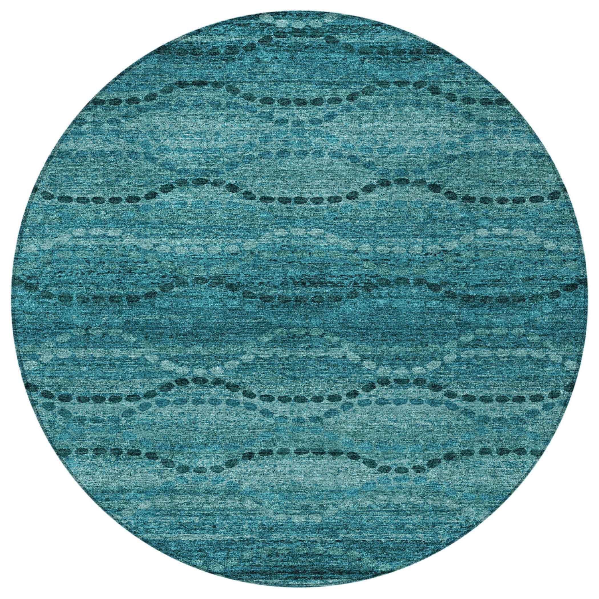 8' Turquoise And Aqua Round Ogee Washable Indoor Outdoor Area Rug
