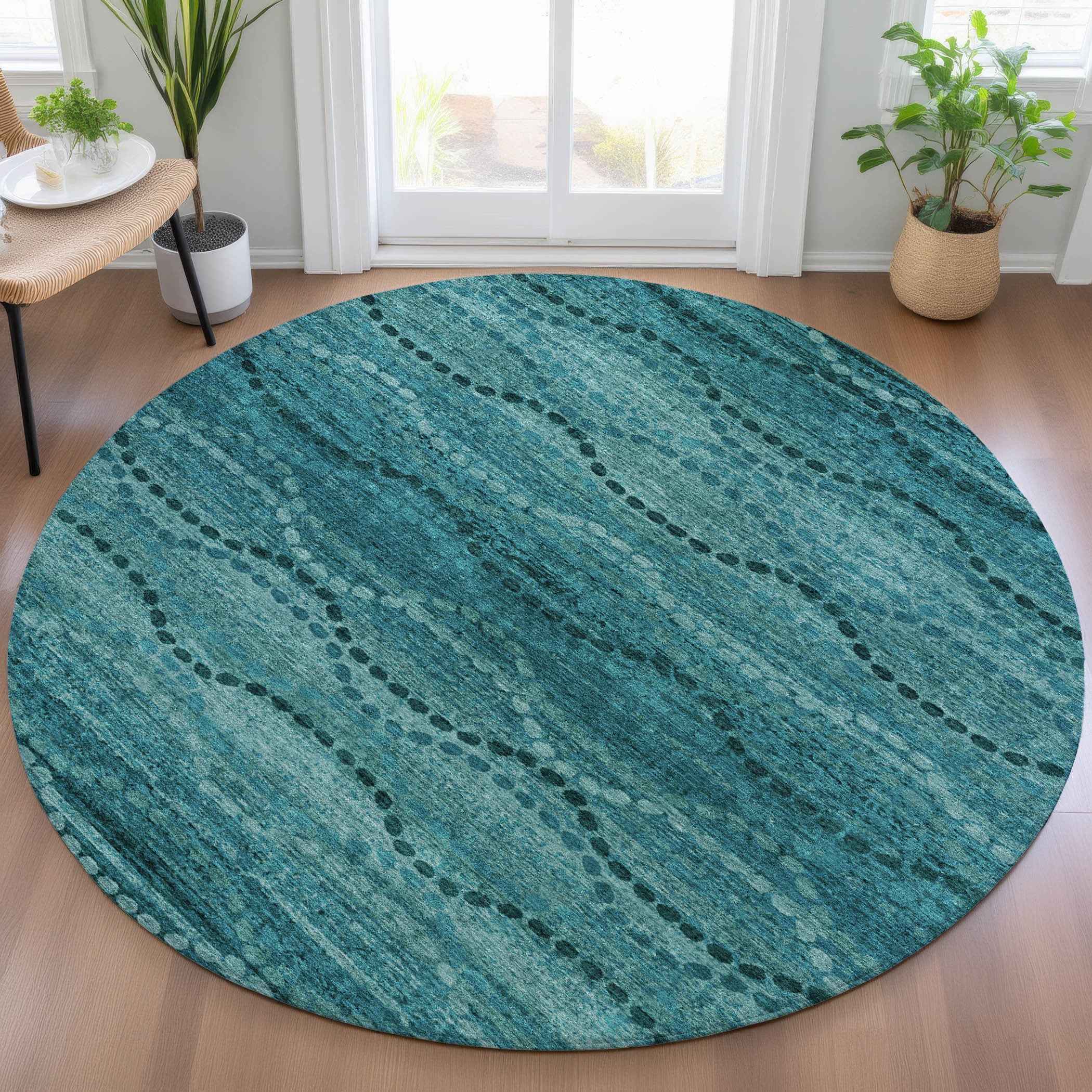 8' Turquoise And Aqua Round Ogee Washable Indoor Outdoor Area Rug