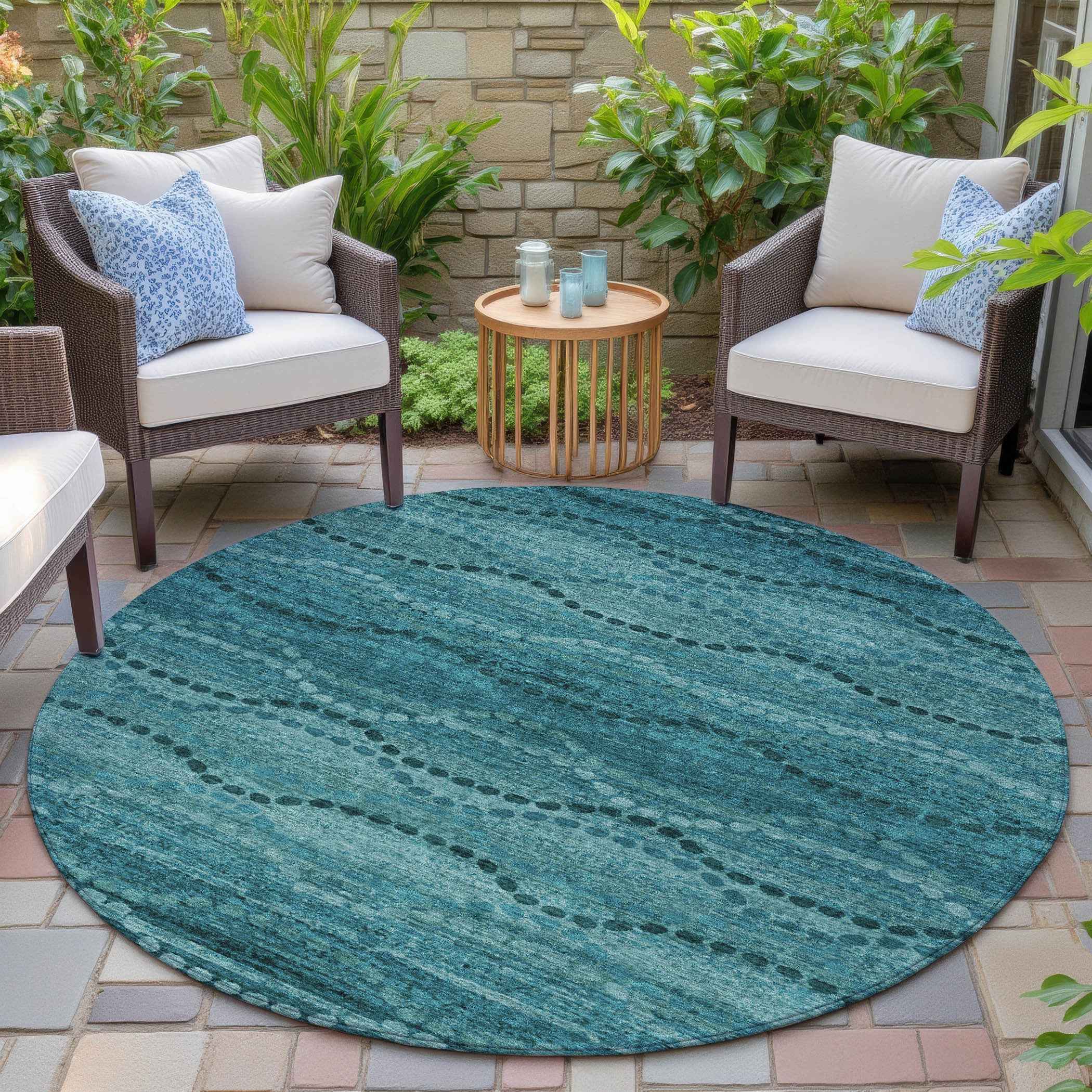 8' Turquoise And Aqua Round Ogee Washable Indoor Outdoor Area Rug