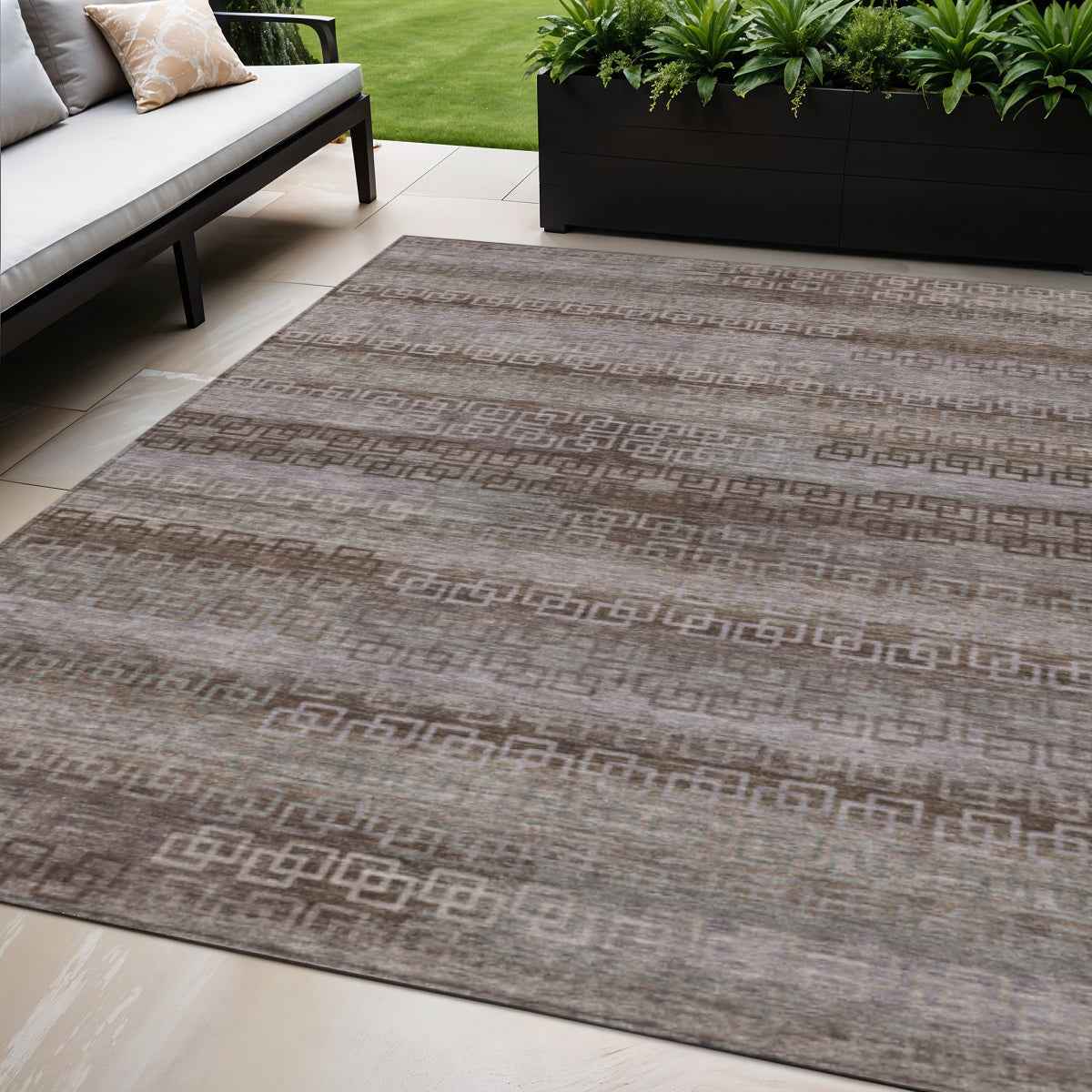 5' X 8' Chocolate And Gray Striped Washable Indoor Outdoor Area Rug