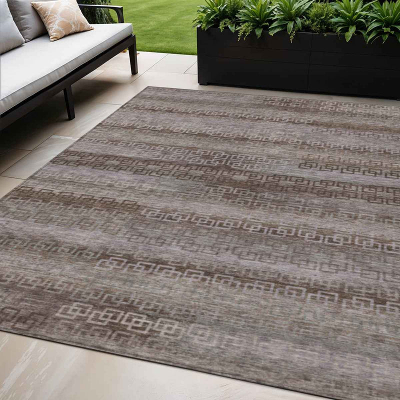 5' X 8' Chocolate And Gray Striped Washable Indoor Outdoor Area Rug