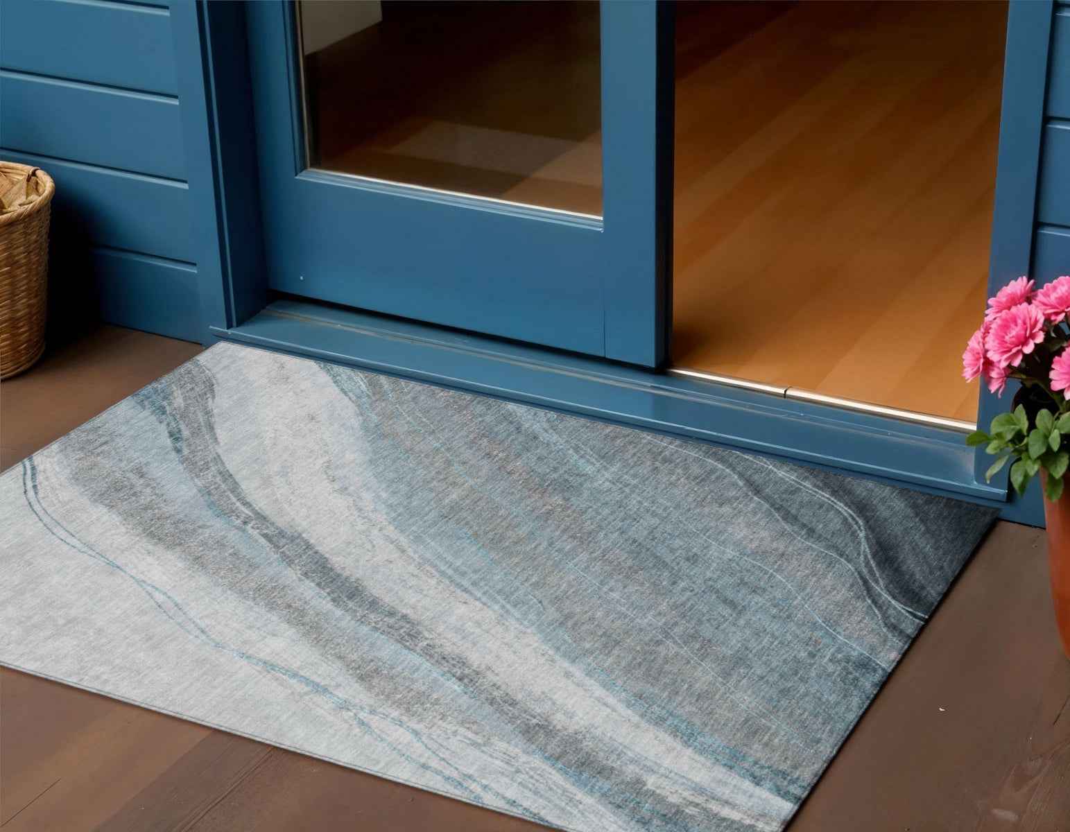 3' X 5' Teal Blue And Gray Abstract Washable Indoor Outdoor Area Rug
