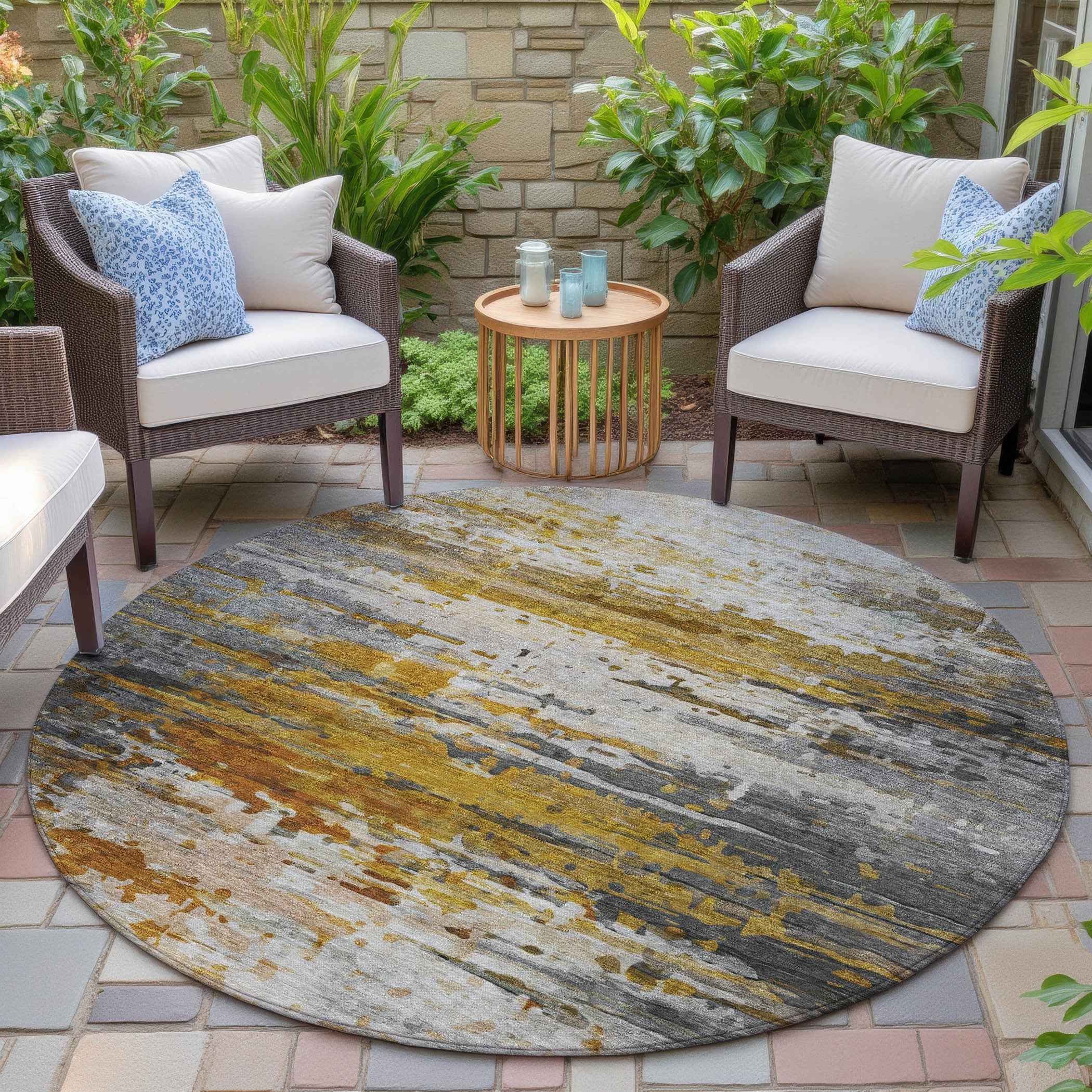 8' Copper And Gray Round Abstract Washable Indoor Outdoor Area Rug
