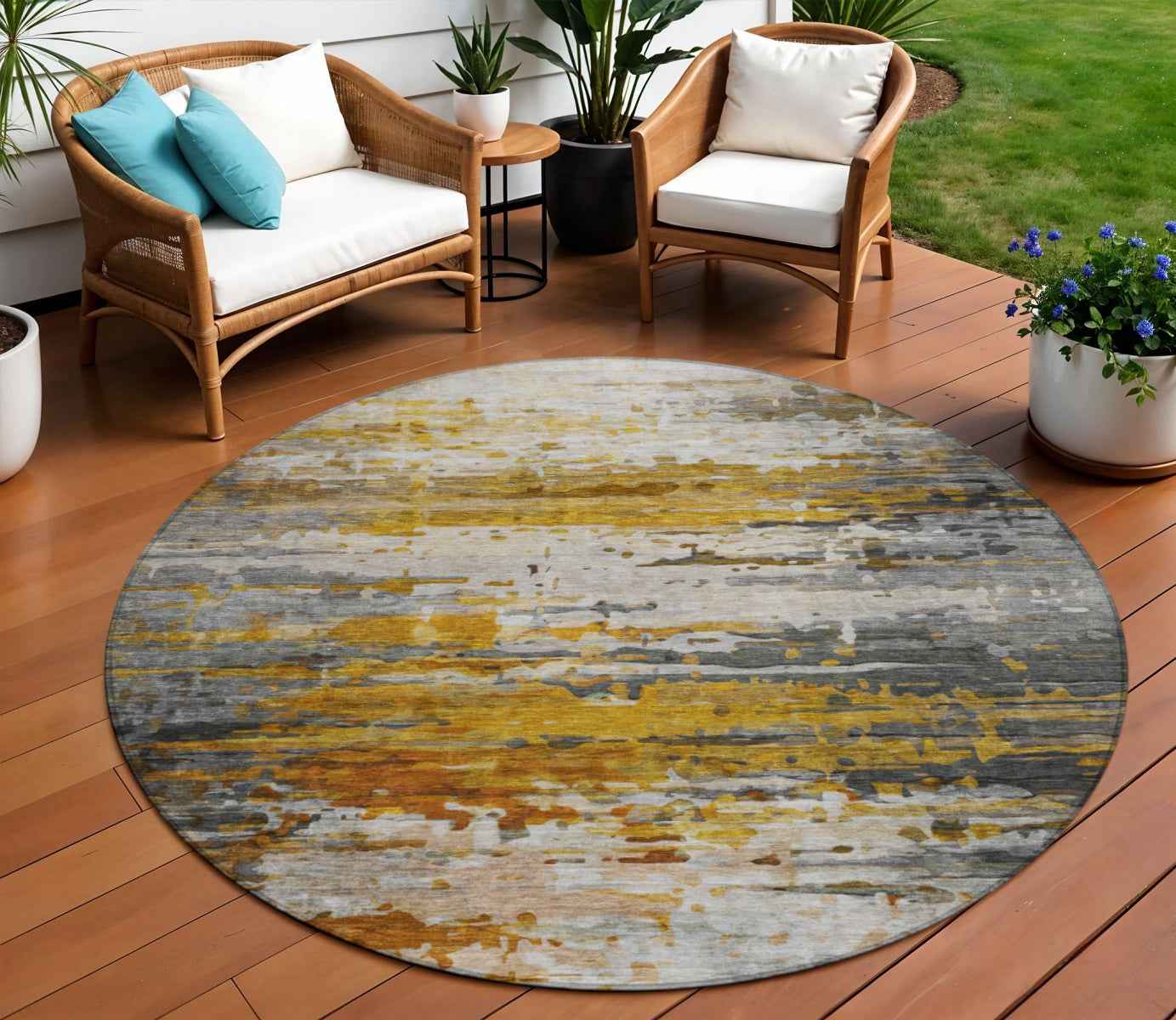 8' Copper And Gray Round Abstract Washable Indoor Outdoor Area Rug
