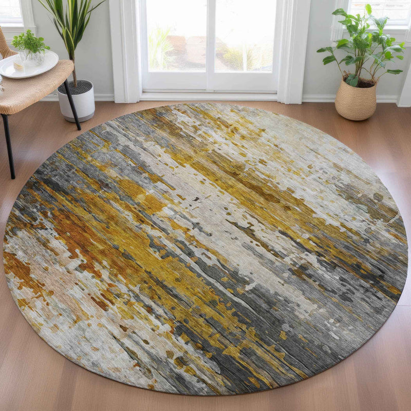 8' Copper And Gray Round Abstract Washable Indoor Outdoor Area Rug