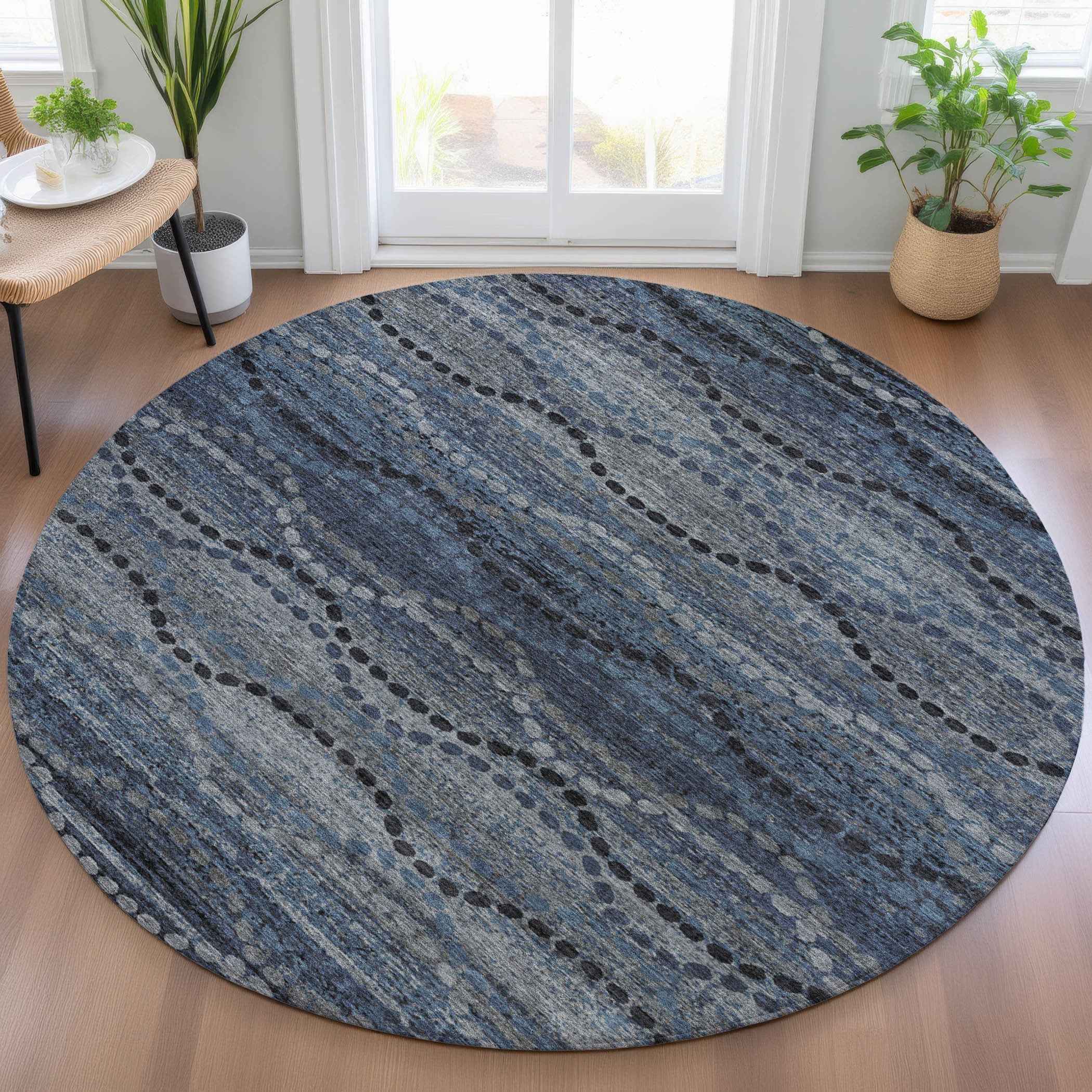 8' Navy Blue And Gray Round Ogee Washable Indoor Outdoor Area Rug