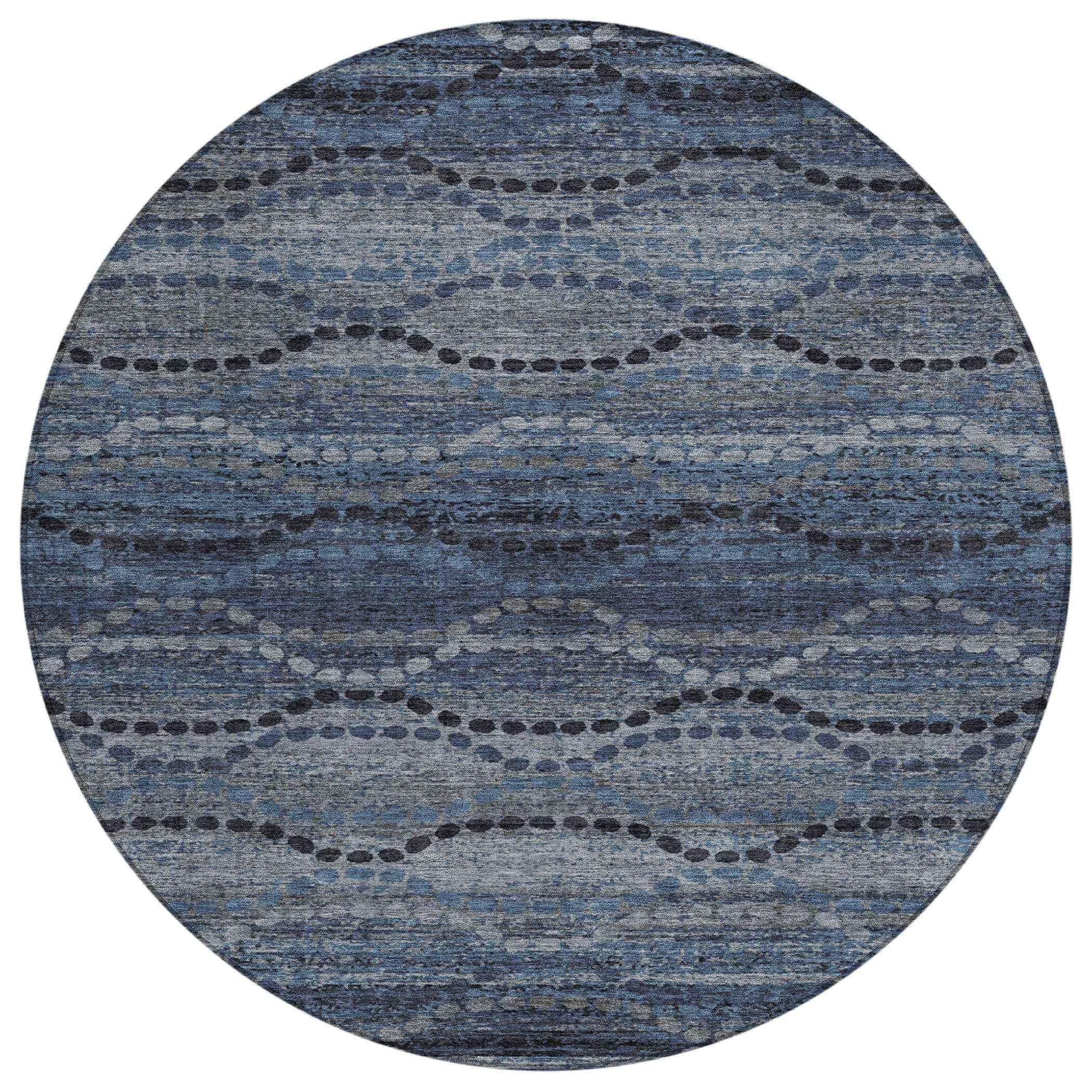 8' Navy Blue And Gray Round Ogee Washable Indoor Outdoor Area Rug