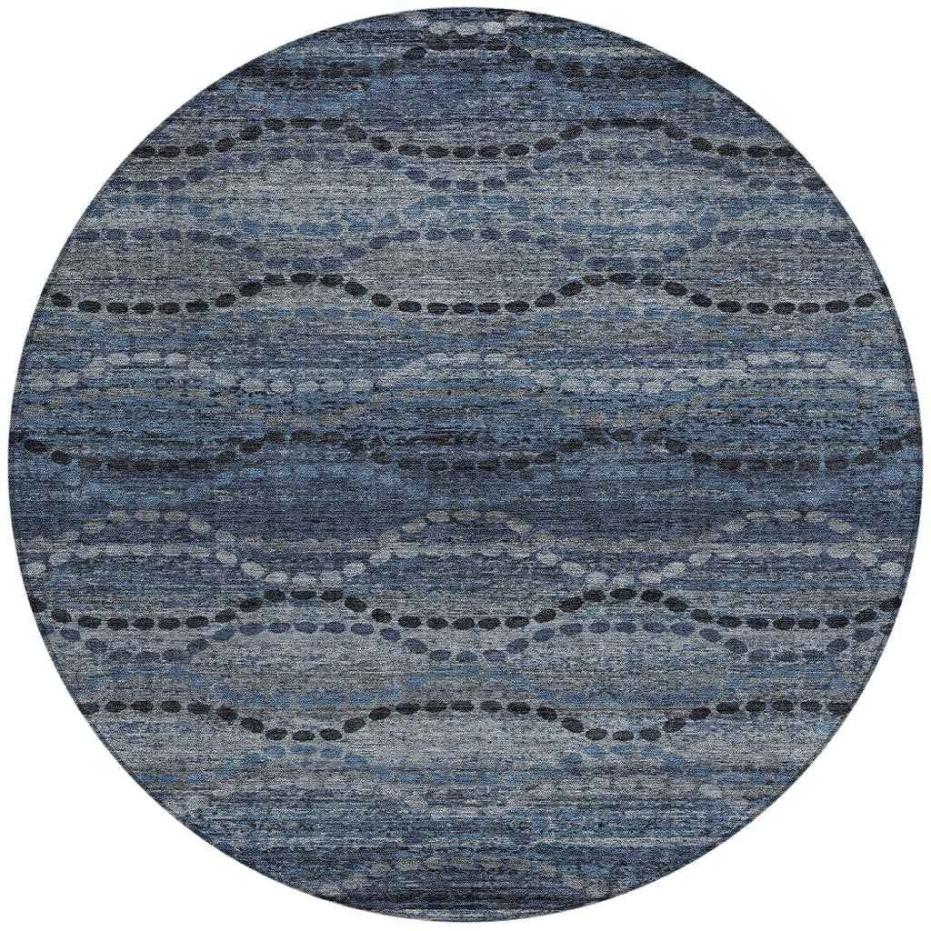 8' Navy Blue And Gray Round Ogee Washable Indoor Outdoor Area Rug