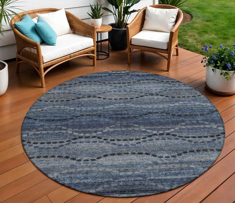 8' Navy Blue And Gray Round Ogee Washable Indoor Outdoor Area Rug