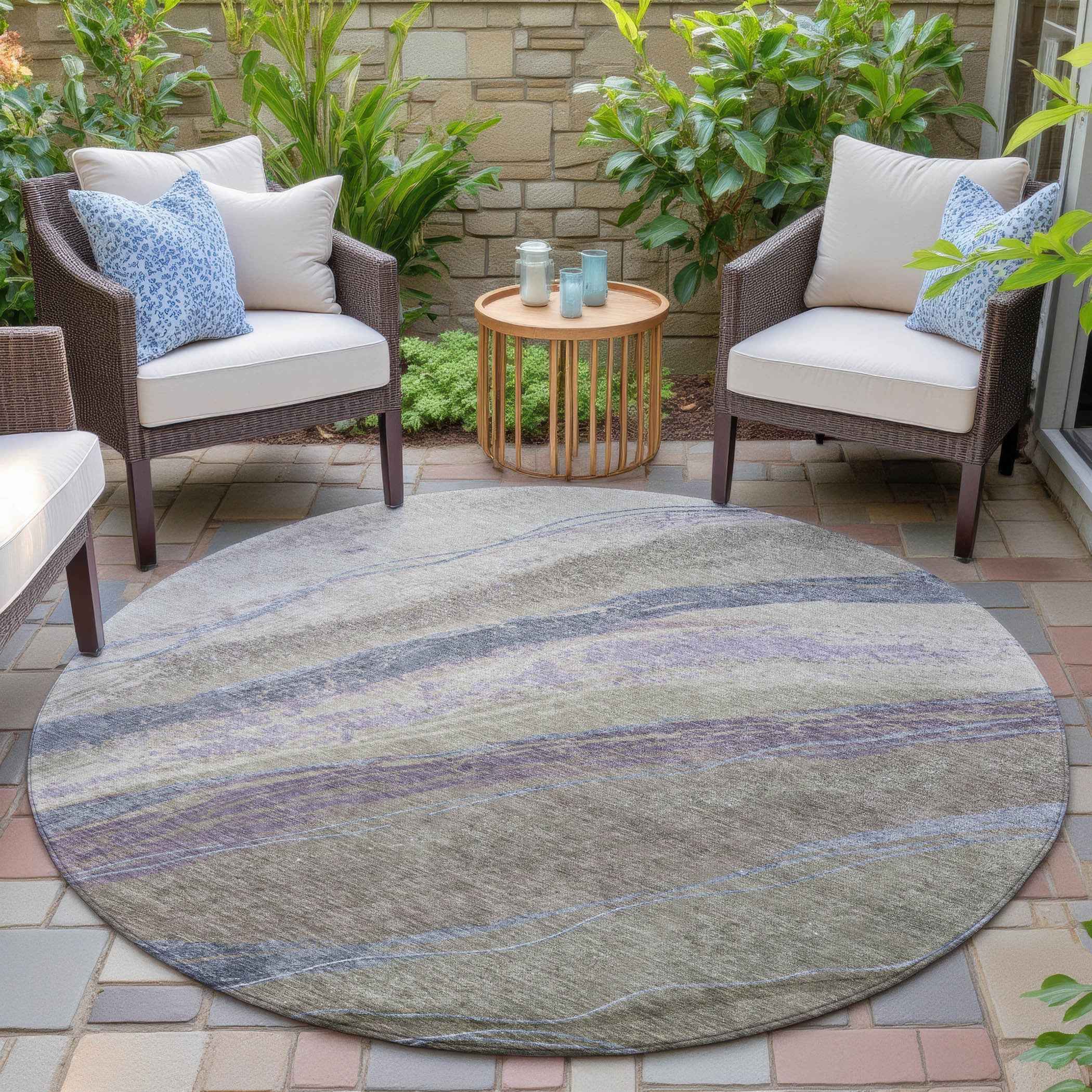 8' Brown Taupe And Purple Round Abstract Washable Indoor Outdoor Area Rug