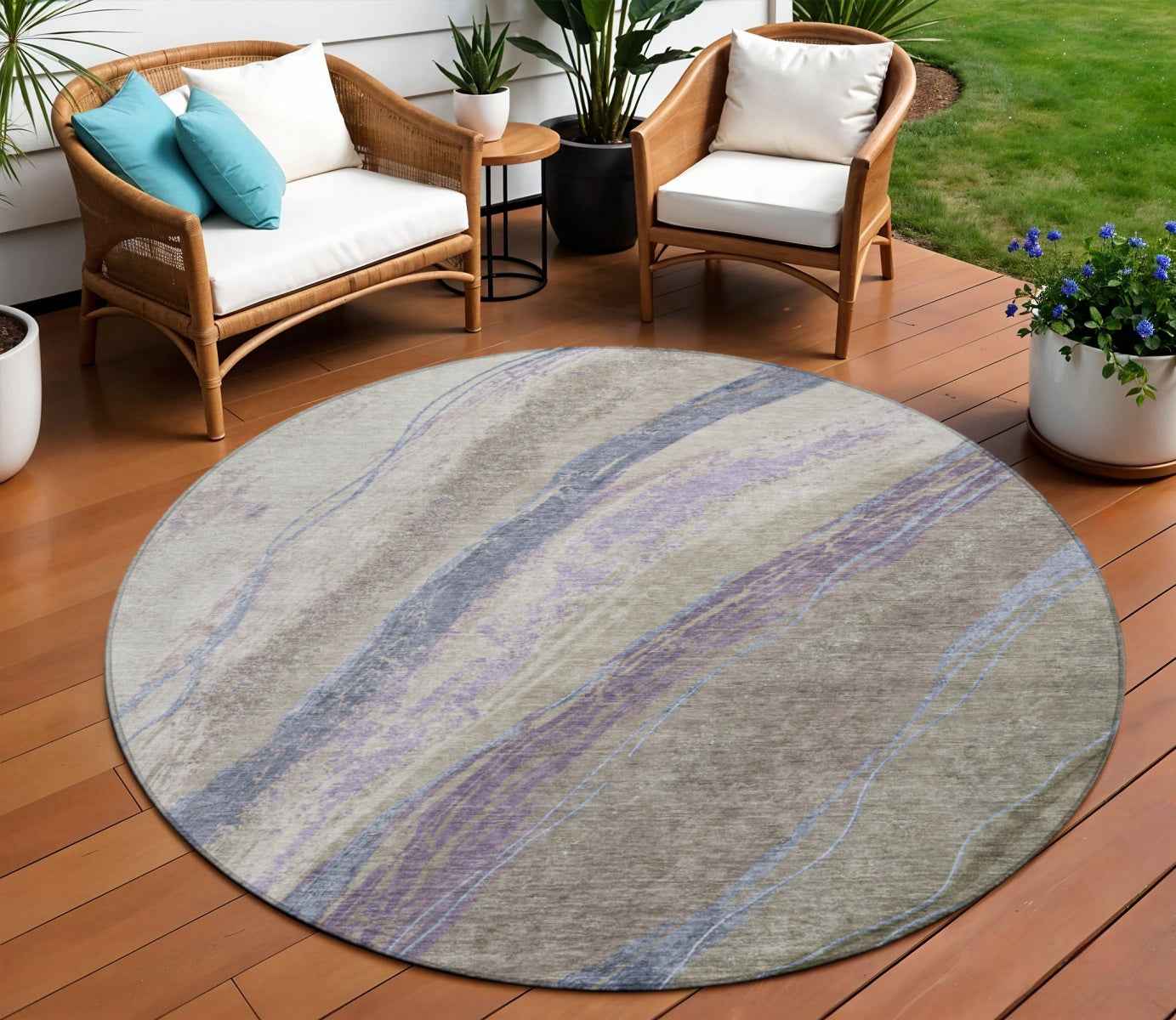 8' Brown Taupe And Purple Round Abstract Washable Indoor Outdoor Area Rug