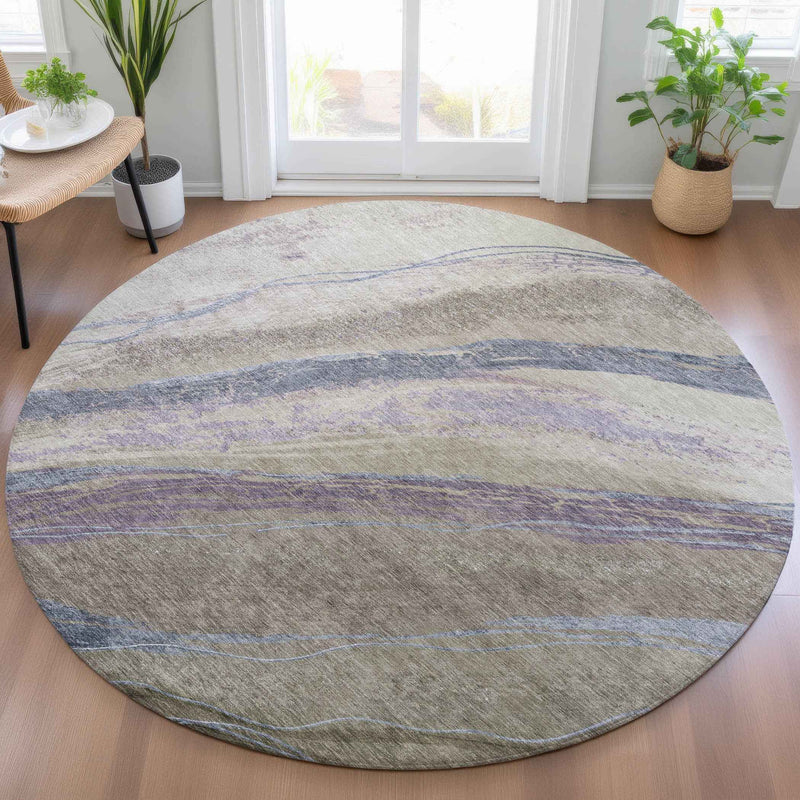 8' Brown Taupe And Purple Round Abstract Washable Indoor Outdoor Area Rug