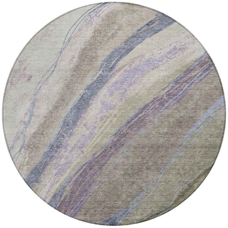 8' Brown Taupe And Purple Round Abstract Washable Indoor Outdoor Area Rug