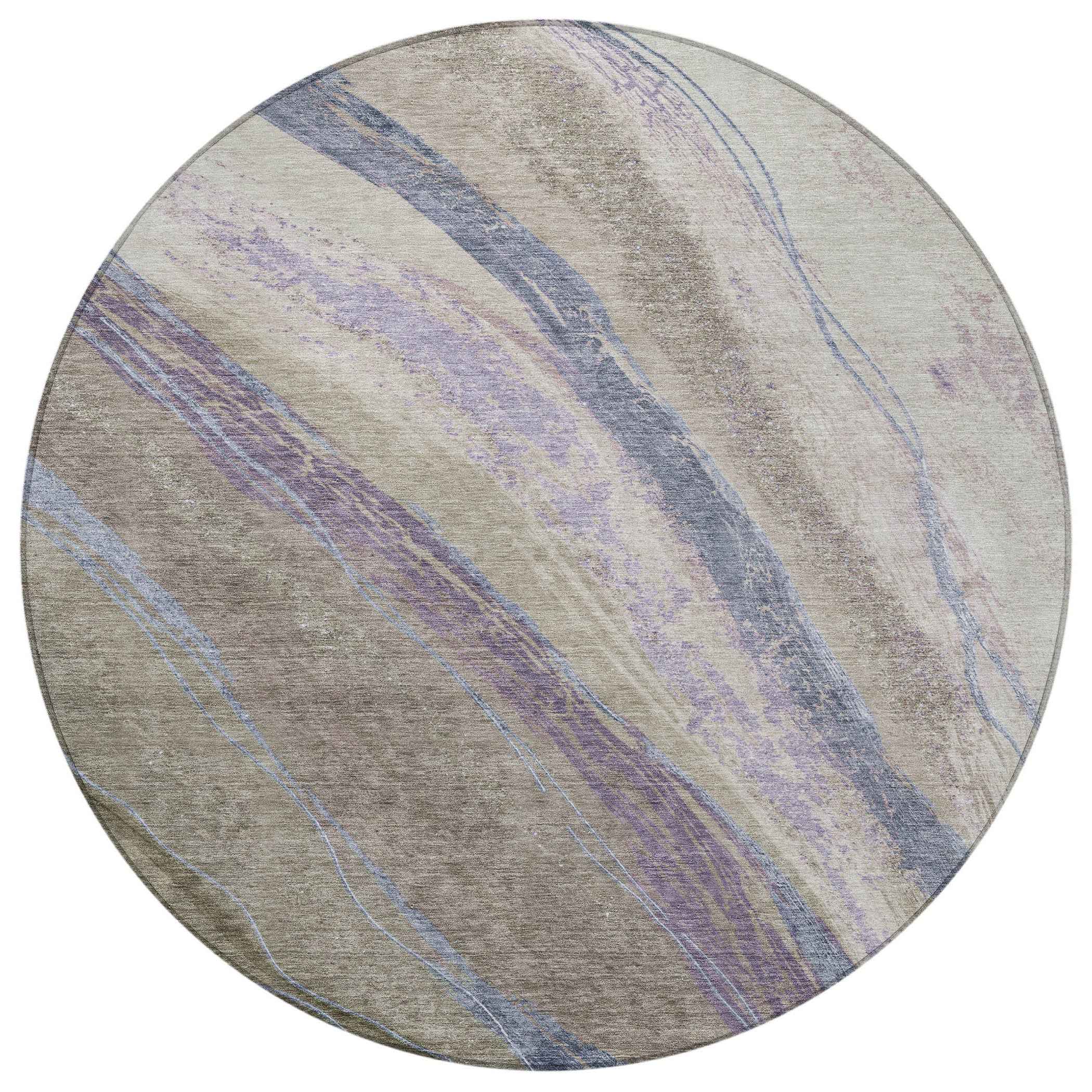 8' Brown Taupe And Purple Round Abstract Washable Indoor Outdoor Area Rug