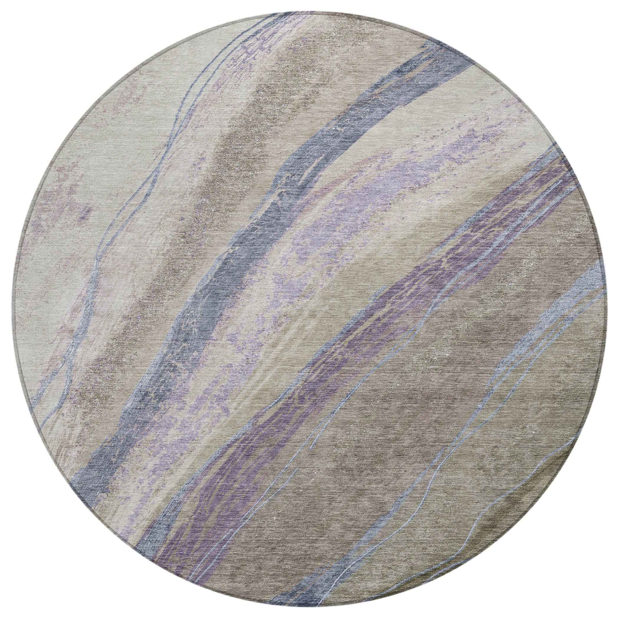 8' Brown Taupe And Purple Round Abstract Washable Indoor Outdoor Area Rug