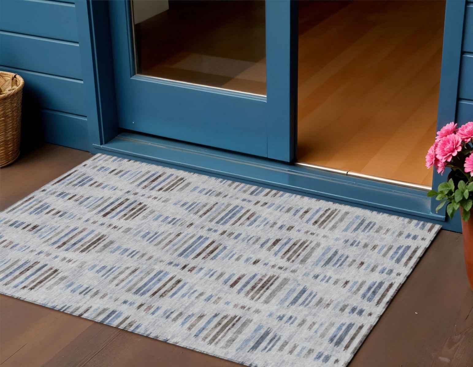 3' X 5' Beige And Denim Blue Striped Washable Indoor Outdoor Area Rug