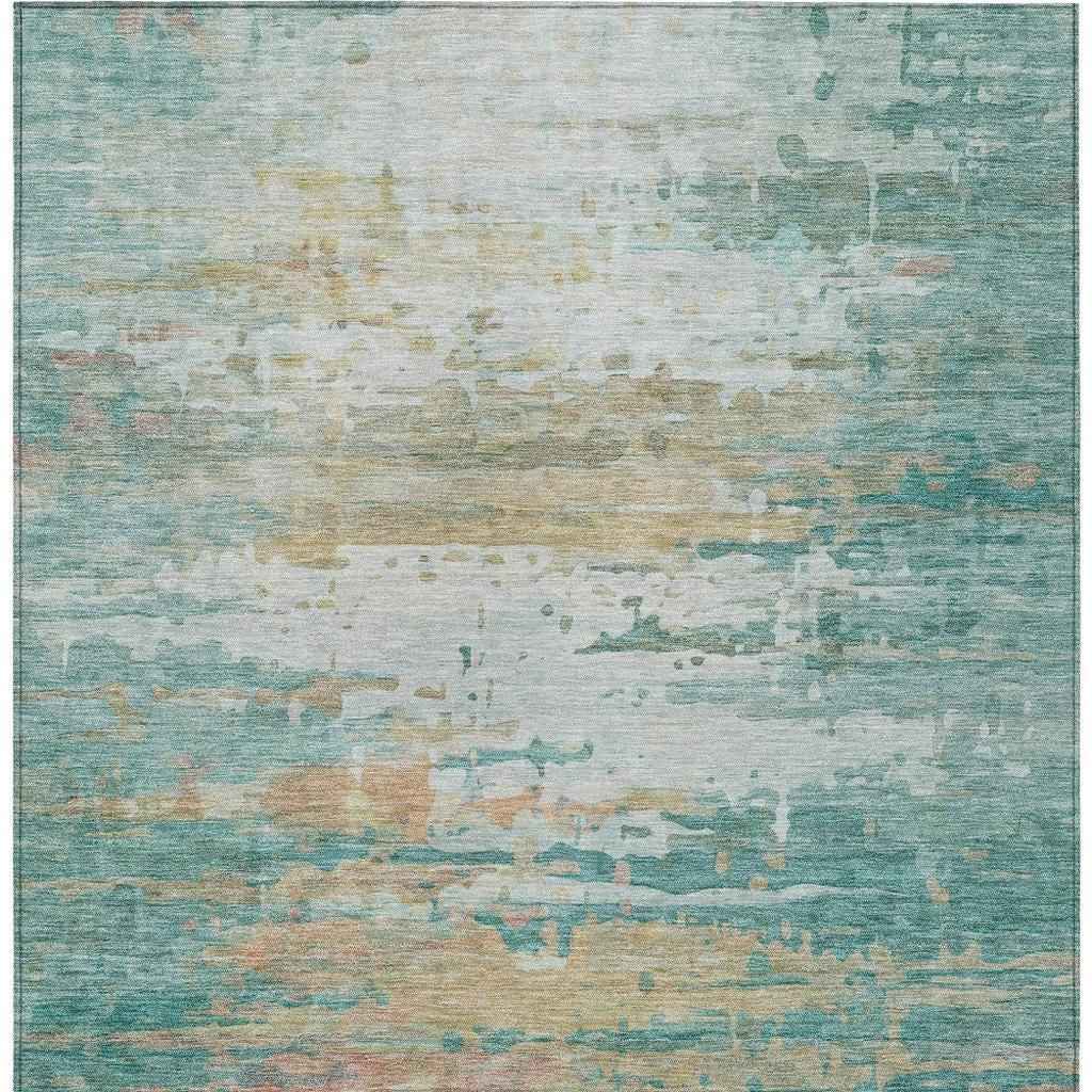 10' X 14' Teal Blue And Beige Abstract Washable Indoor Outdoor Area Rug
