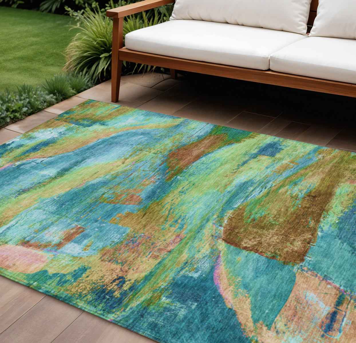 8' X 10' Teal Blue Lime Green And Blush Abstract Washable Indoor Outdoor Area Rug