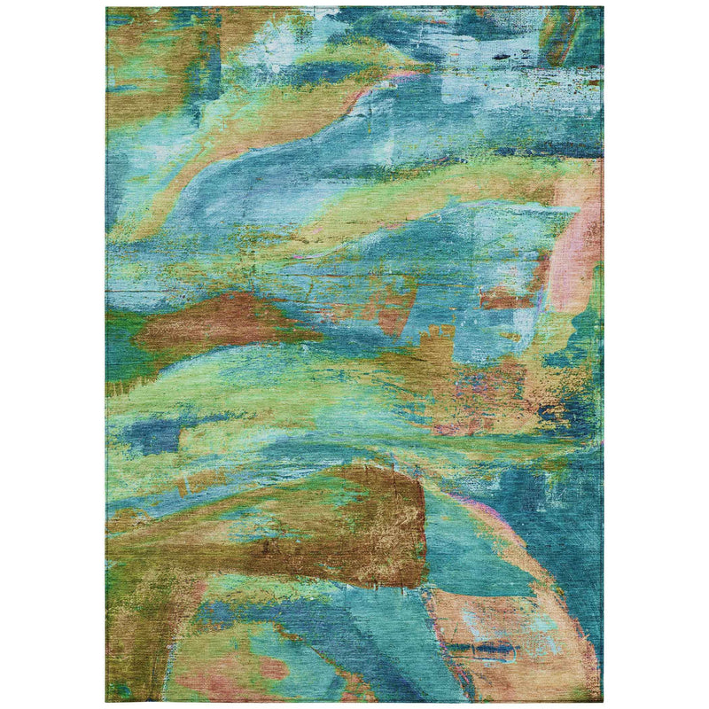 8' X 10' Teal Blue Lime Green And Blush Abstract Washable Indoor Outdoor Area Rug