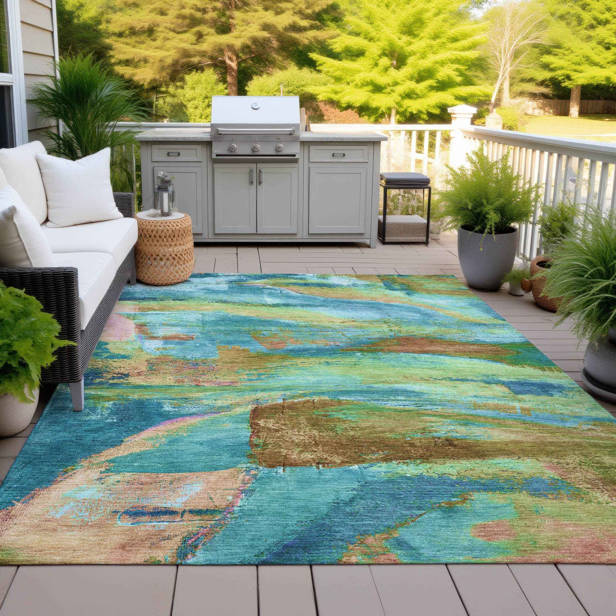 8' X 10' Teal Blue Lime Green And Blush Abstract Washable Indoor Outdoor Area Rug