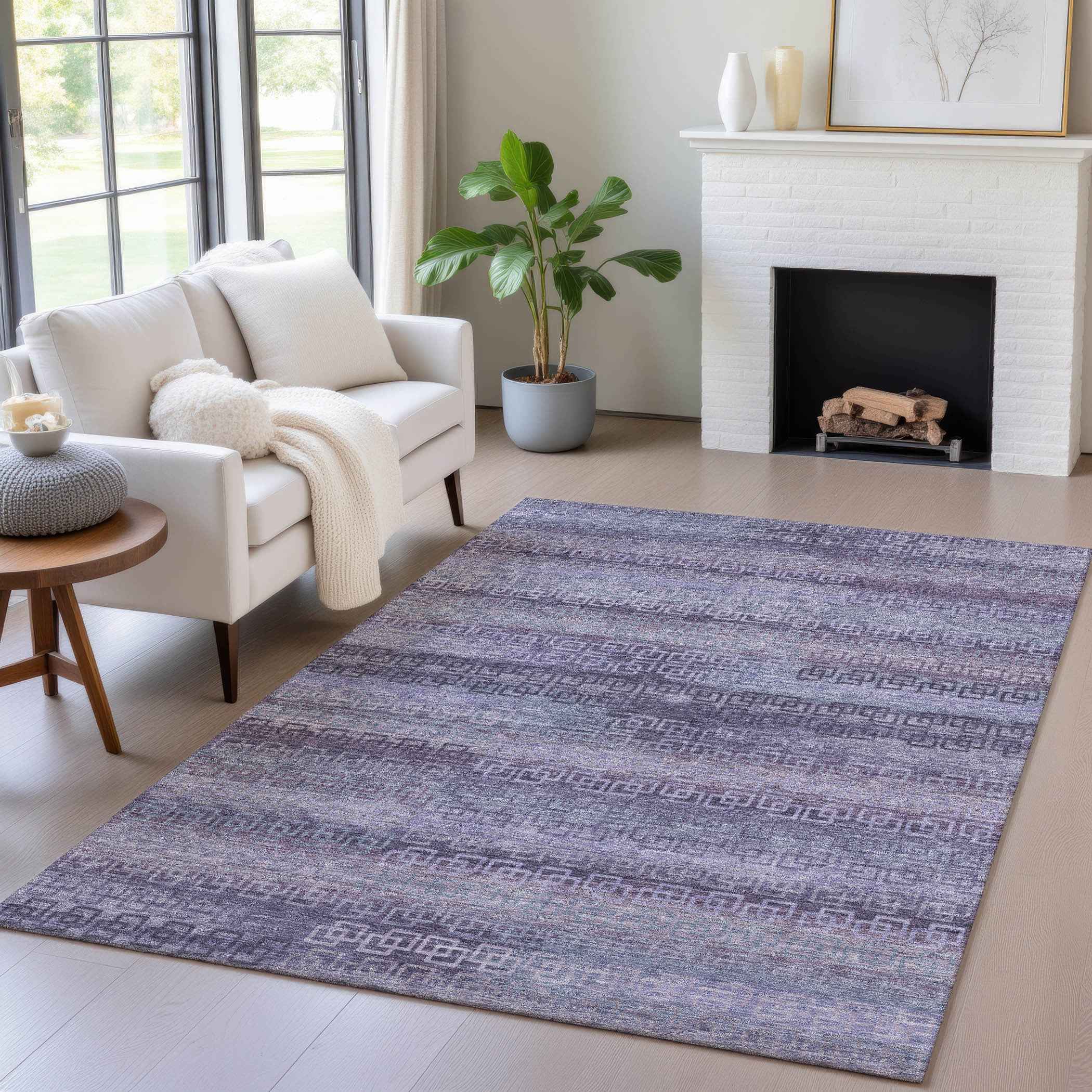 8' X 10' Plum And Lavender Striped Washable Indoor Outdoor Area Rug