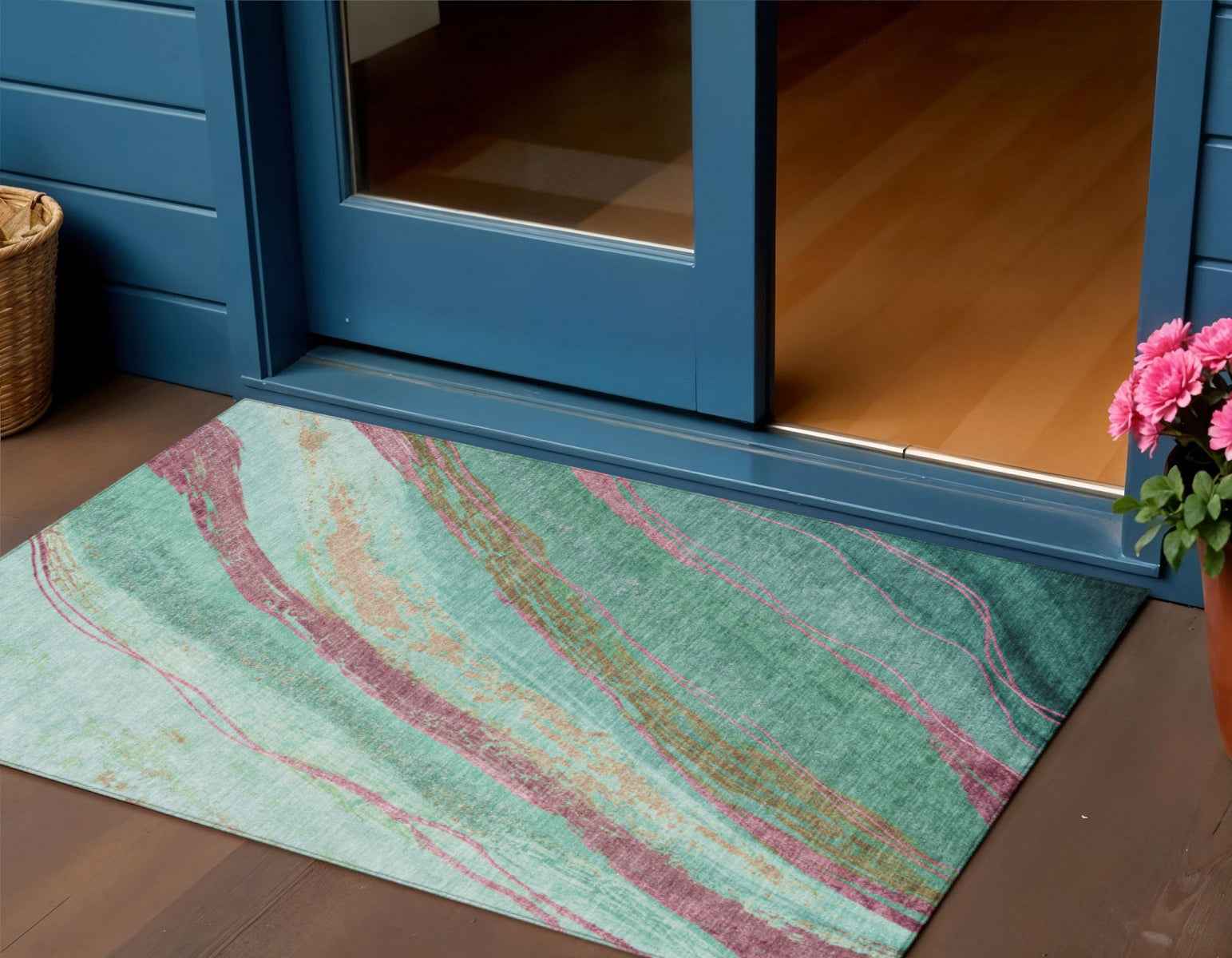 3' X 5' Green Blush And Peach Abstract Washable Indoor Outdoor Area Rug