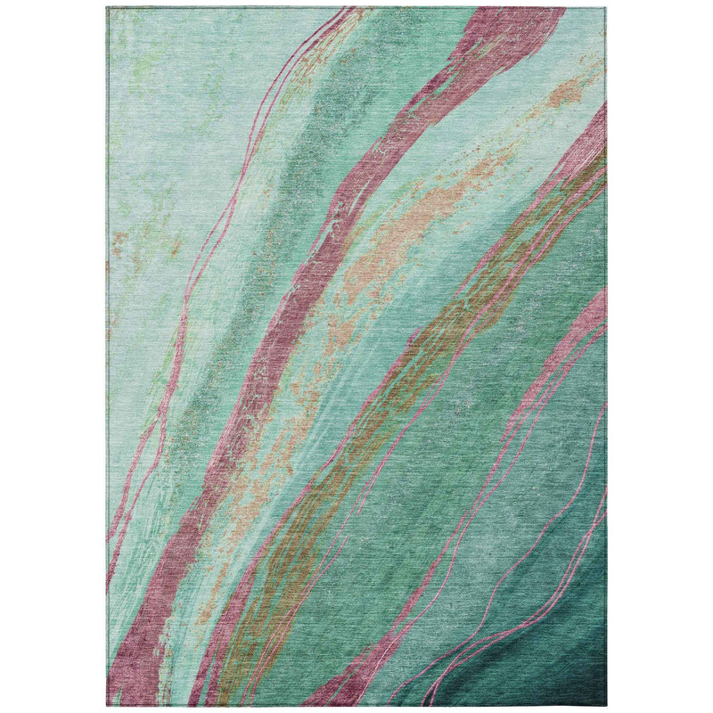 3' X 5' Green Blush And Peach Abstract Washable Indoor Outdoor Area Rug