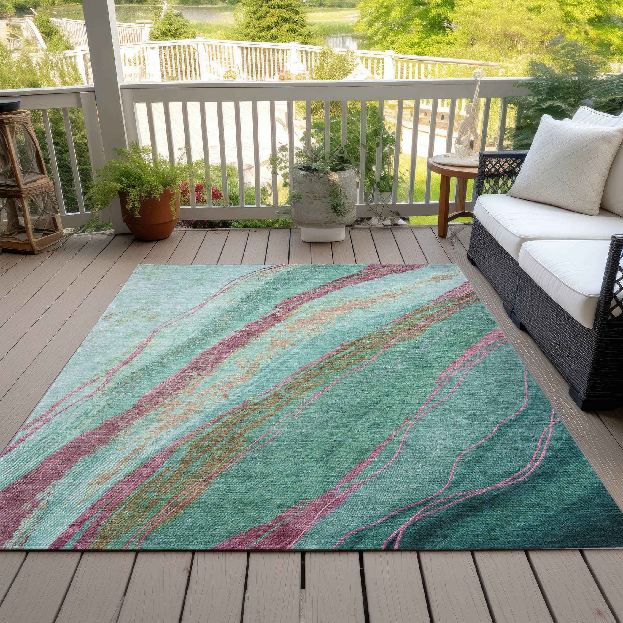 3' X 5' Green Blush And Peach Abstract Washable Indoor Outdoor Area Rug