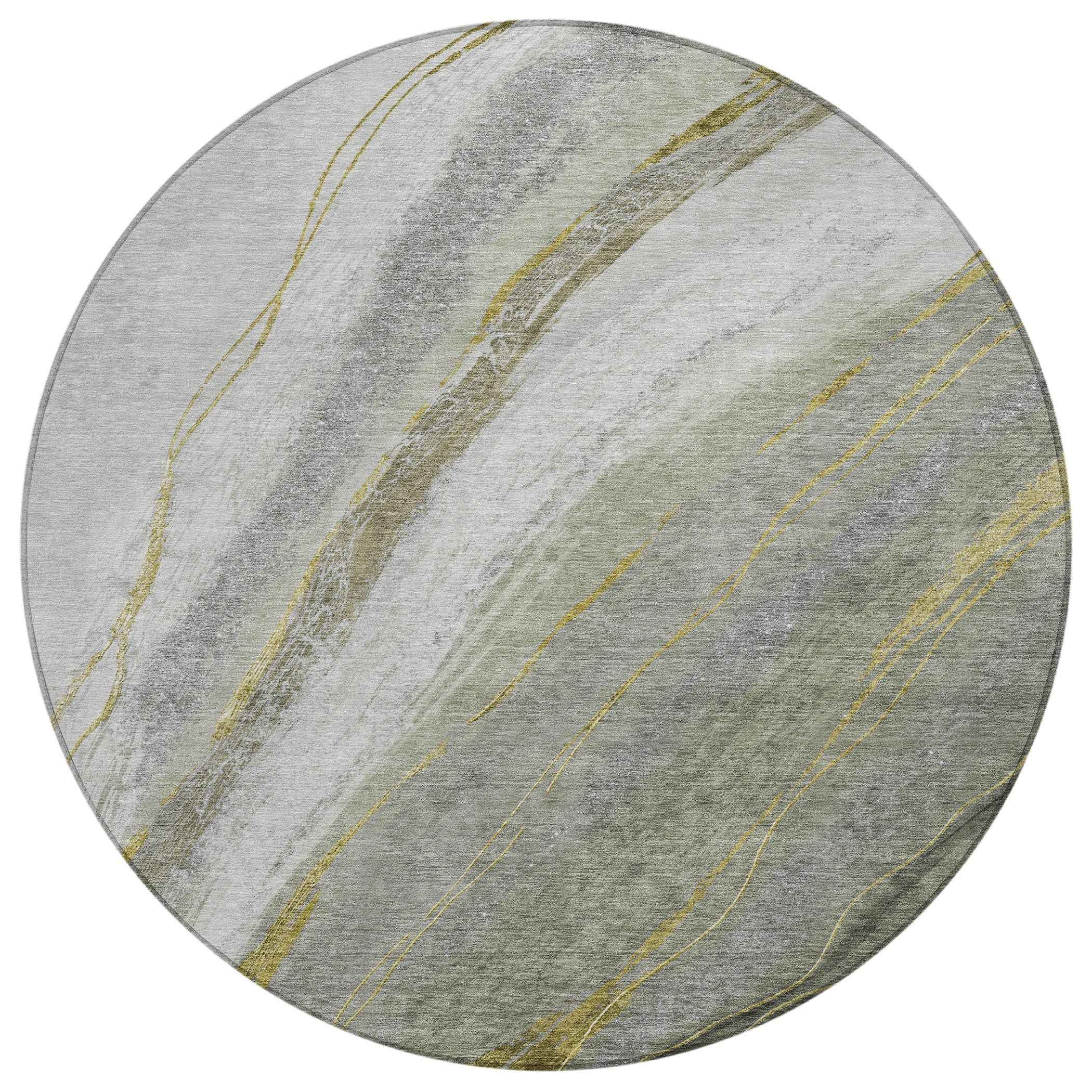 8' Artichoke Green And Gray Round Abstract Washable Indoor Outdoor Area Rug